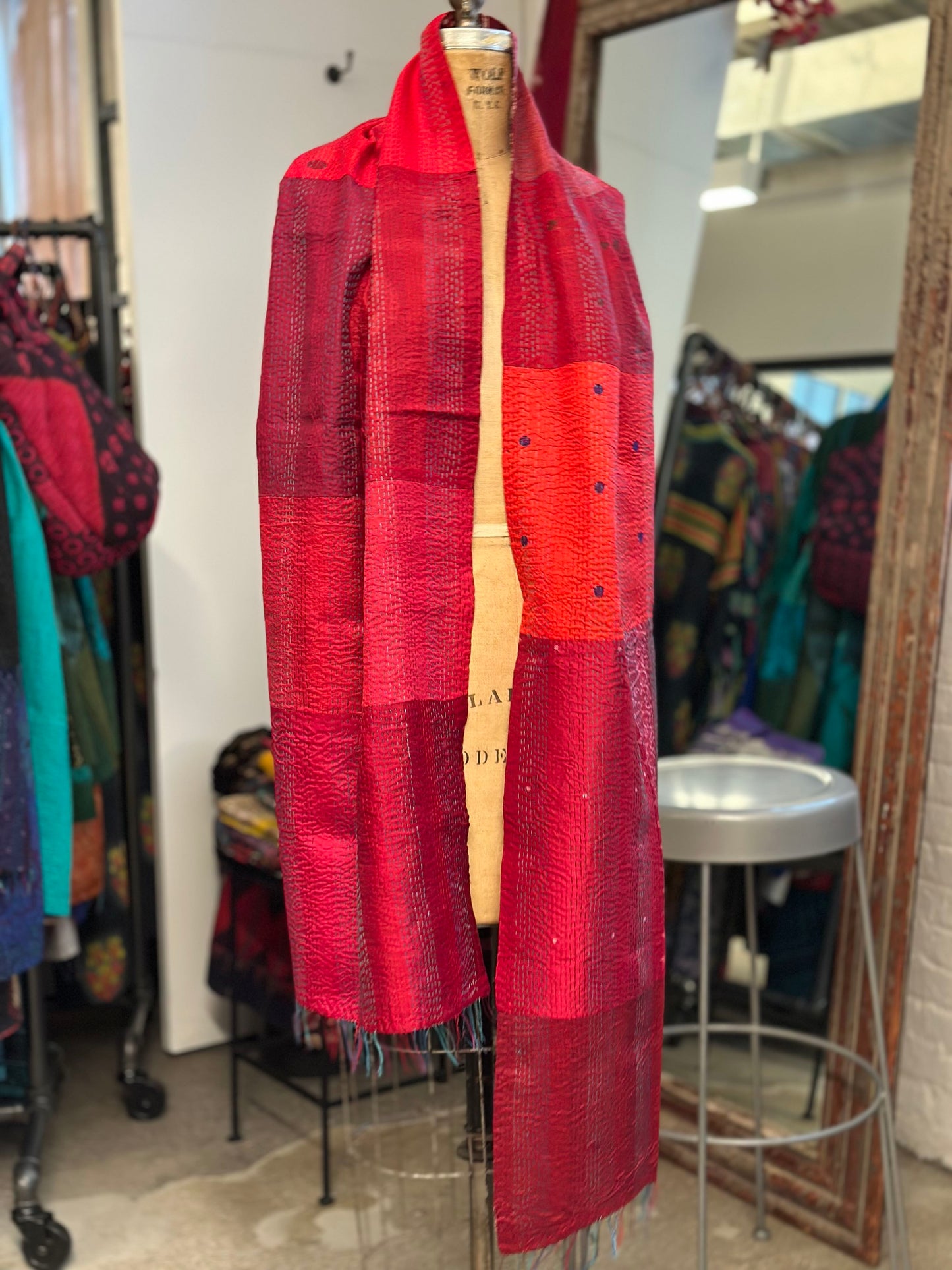 VINTAGE SILK PATCH KANTHA SCARF STANDARD - vp2801-red -