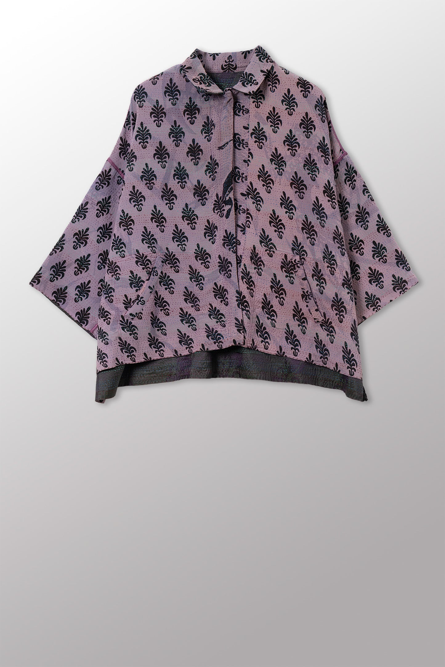 GEORGETTE JACQUARD VINTAGE SILK PATCH KANTHA CROPPED TENT SHIRT - gj2596-0001a -