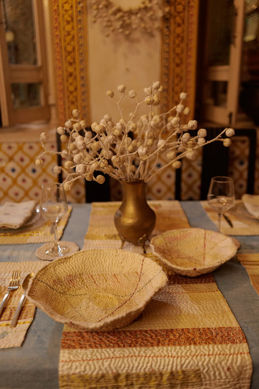 Handcrafted Kantha(metallic kantha) -Shallow Bowl - Ivory