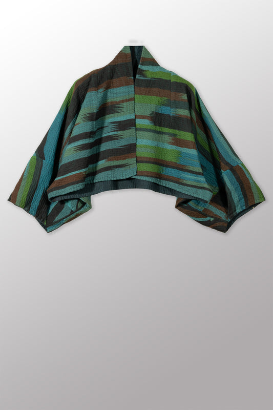 IKAT STRIPE KANTHA PUFF SLV. SHRUG - is4062-blu -