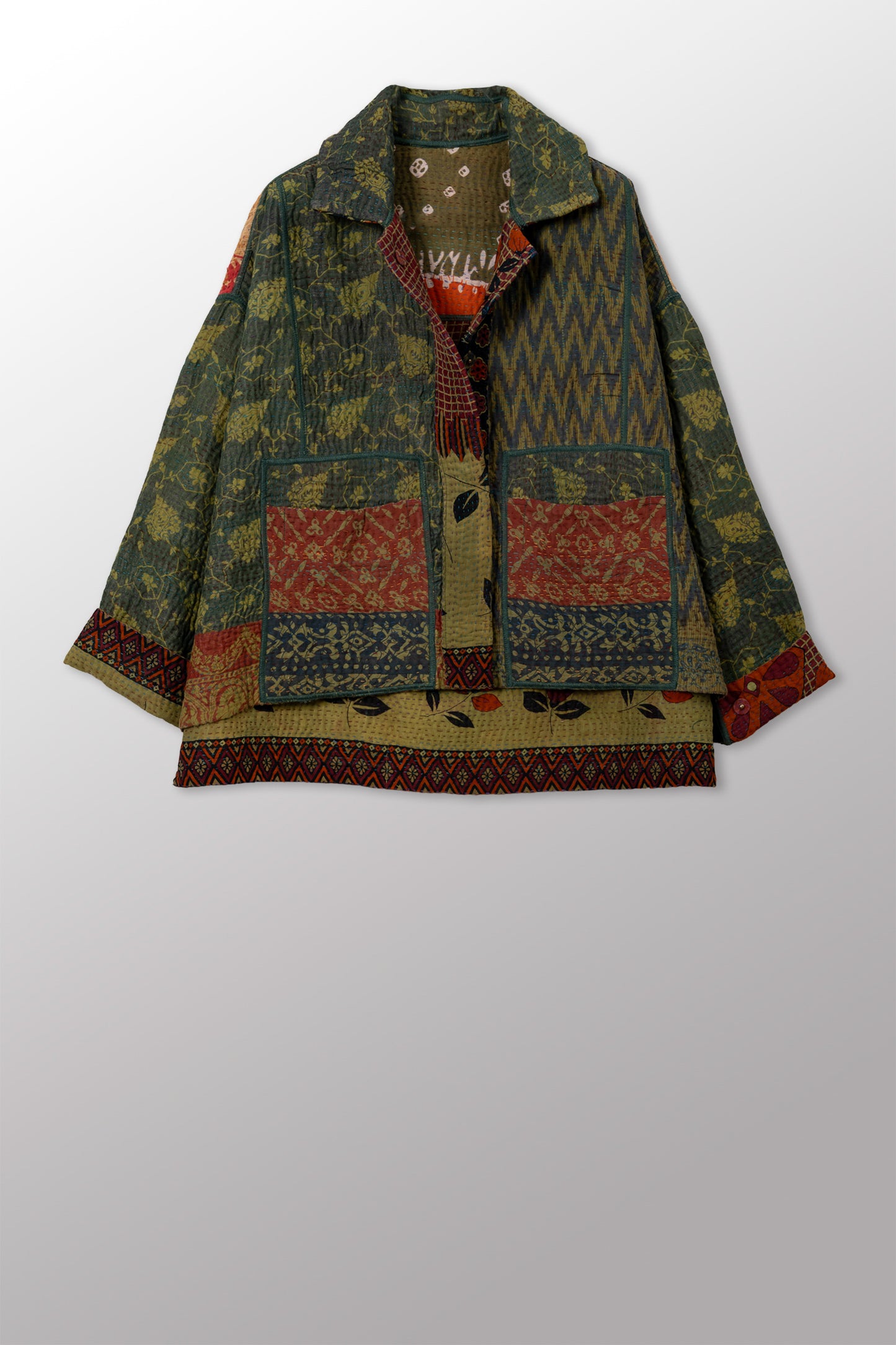 COTTON OVERDYE KANTHA CROPPED SHIRT JACKET - ov4075-cgrn001a -