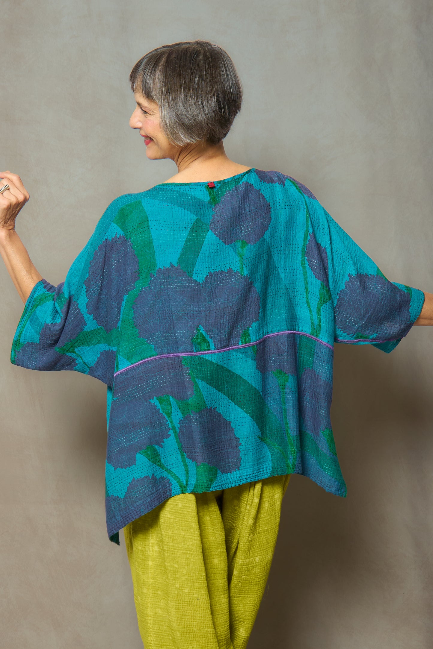 MARIGOLD PRINT WITH OVERDYE KANTHA BOAT NECK DOLMAN TOP - ov-mg2t100-tuq -