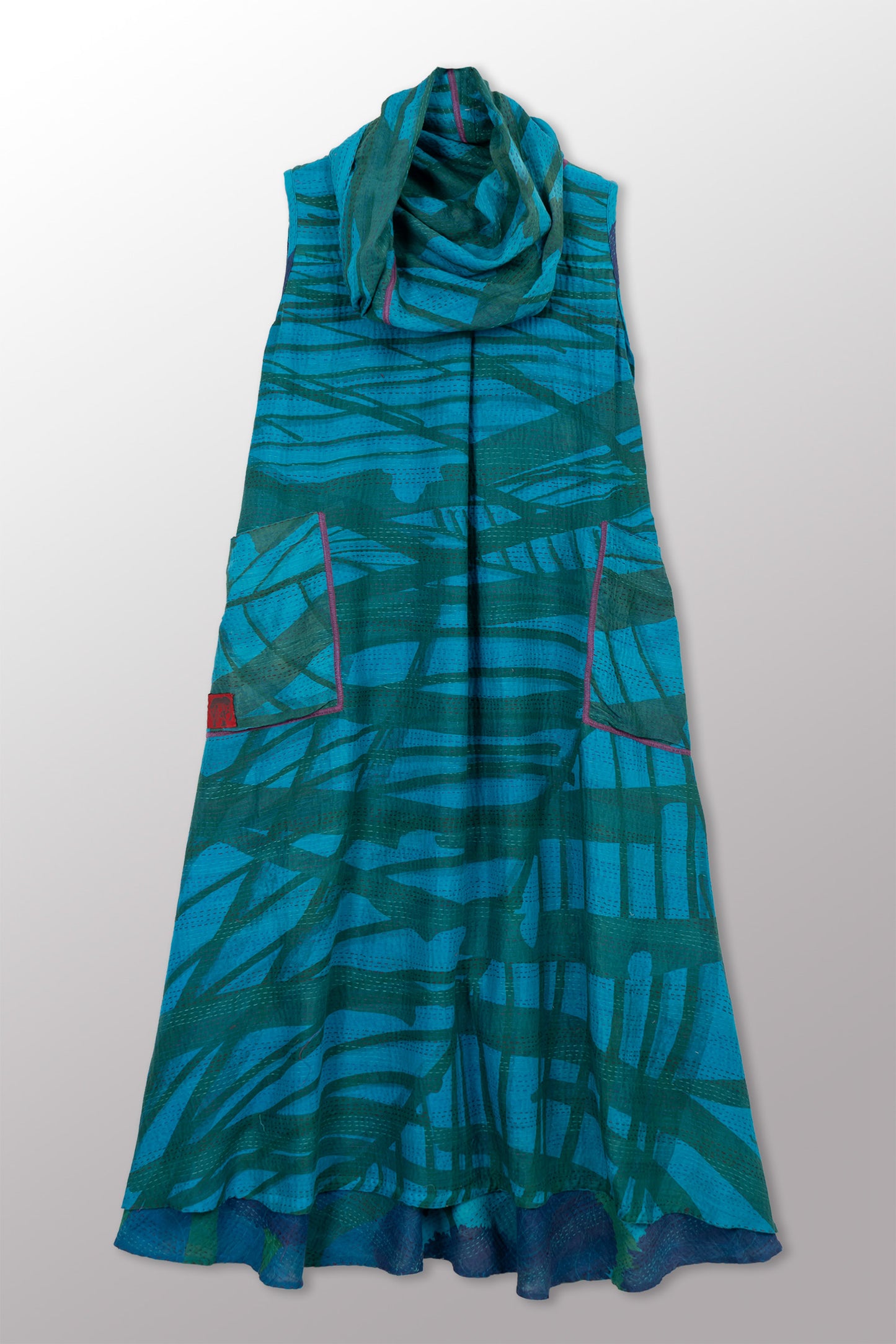 MARIGOLD PRINT WITH OVERDYE KANTHA COWL NECK MAXI DRESS - ov-mg2438-tuq -