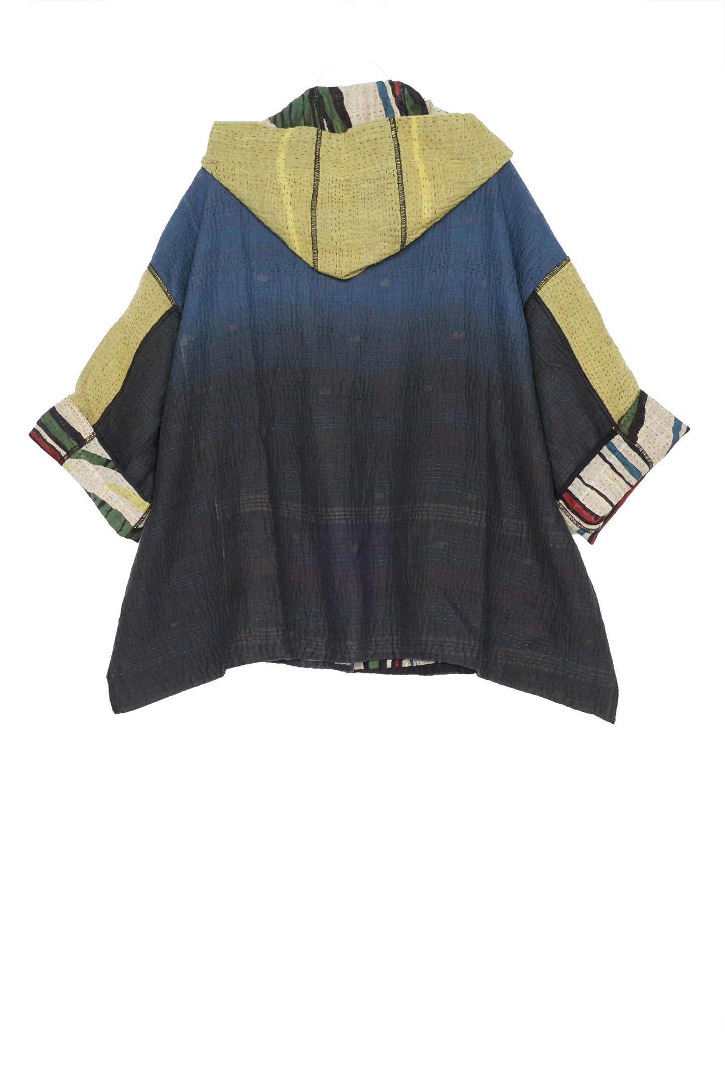 STRIPE AND BENDS KANTHA HOODIE PONCHO - sb4064-grn -