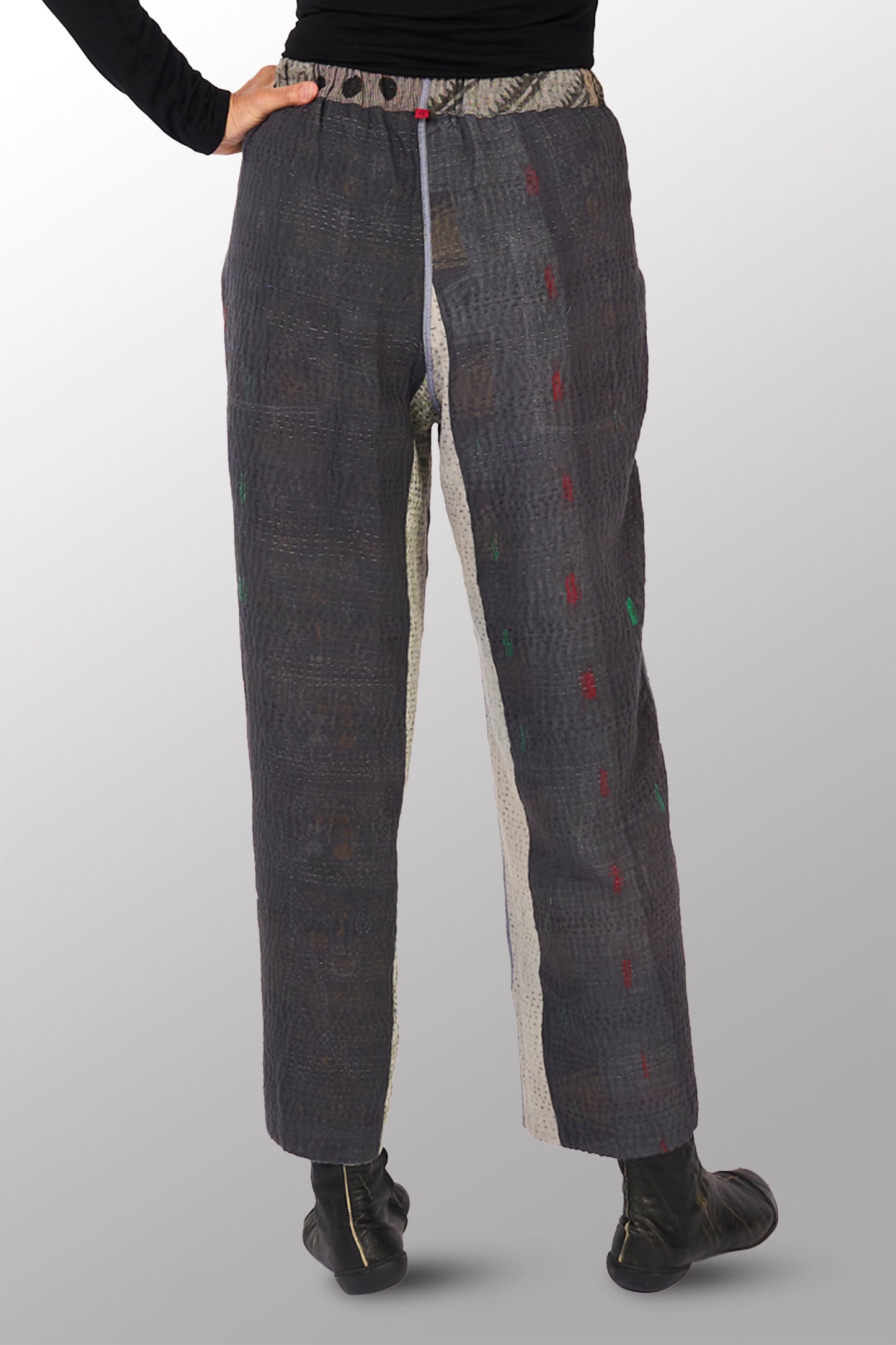 FRAYED PATCH KANTHA  WITH STAMP STRAIGHT PANTS - sp-fi4664-gry -