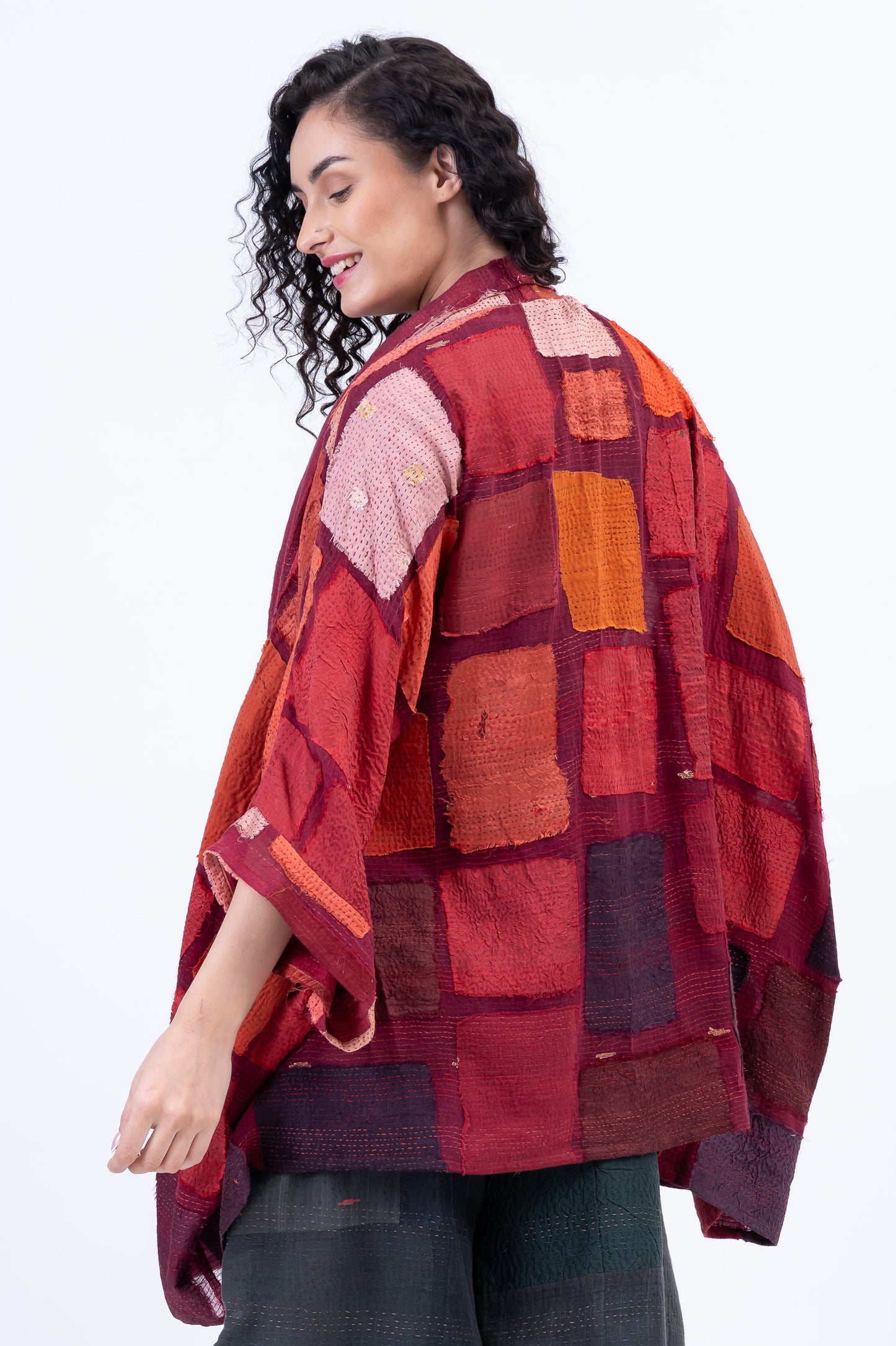 TONAL TILE PATCH KANTHA DOUBLE COLLAR PONCHO - tt2323-red -