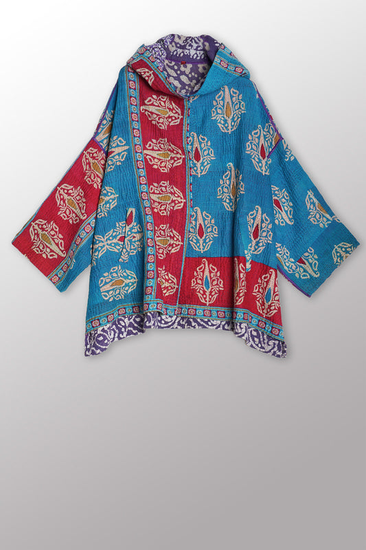 VINTAGE COTTON KANTHA HOODIE PONCHO - cv4064-0032a -