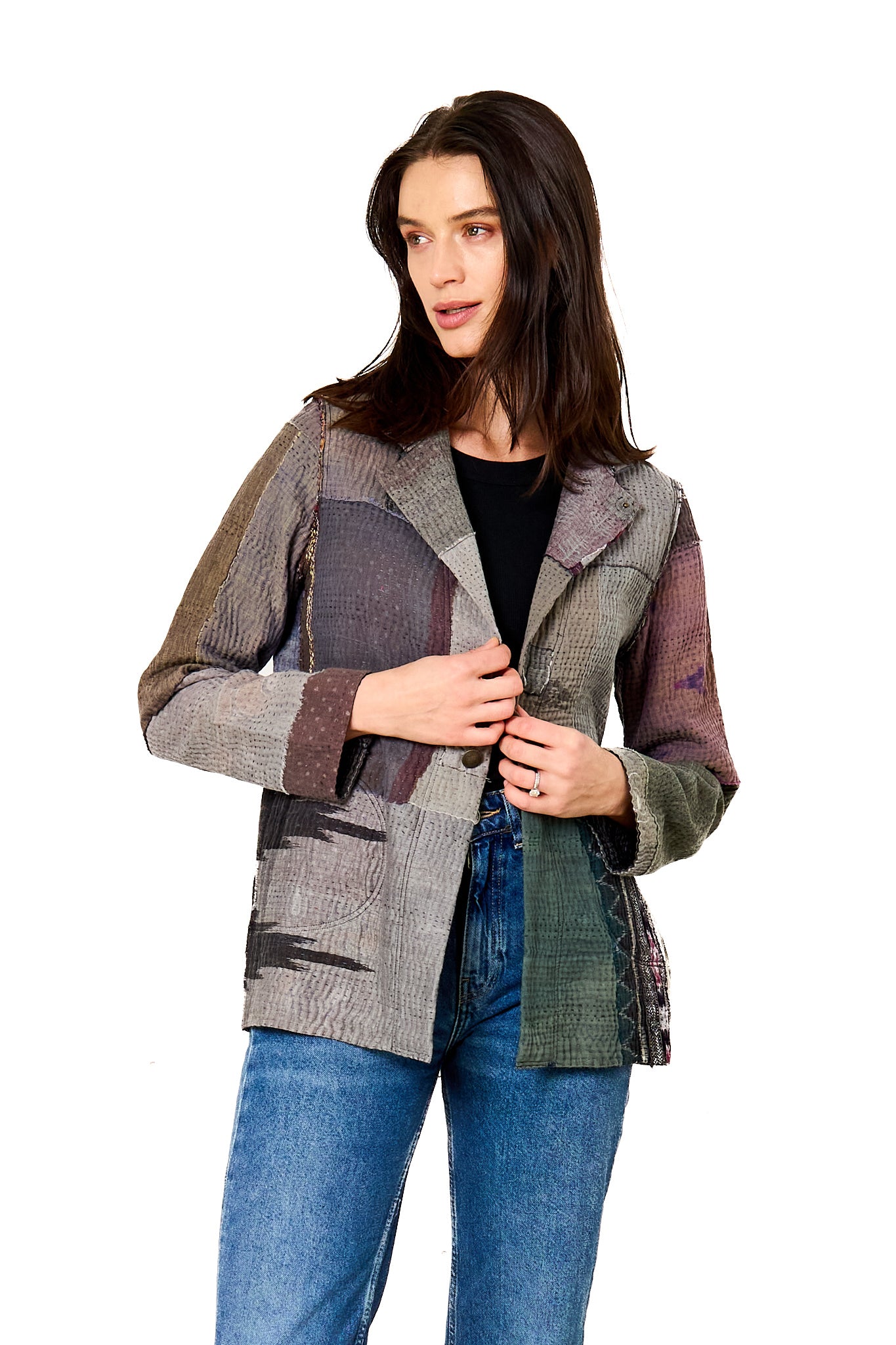 WOVEN IKAT & FRAYED PATCH KANTHA SIMPLE JKT - wk4022-gry -