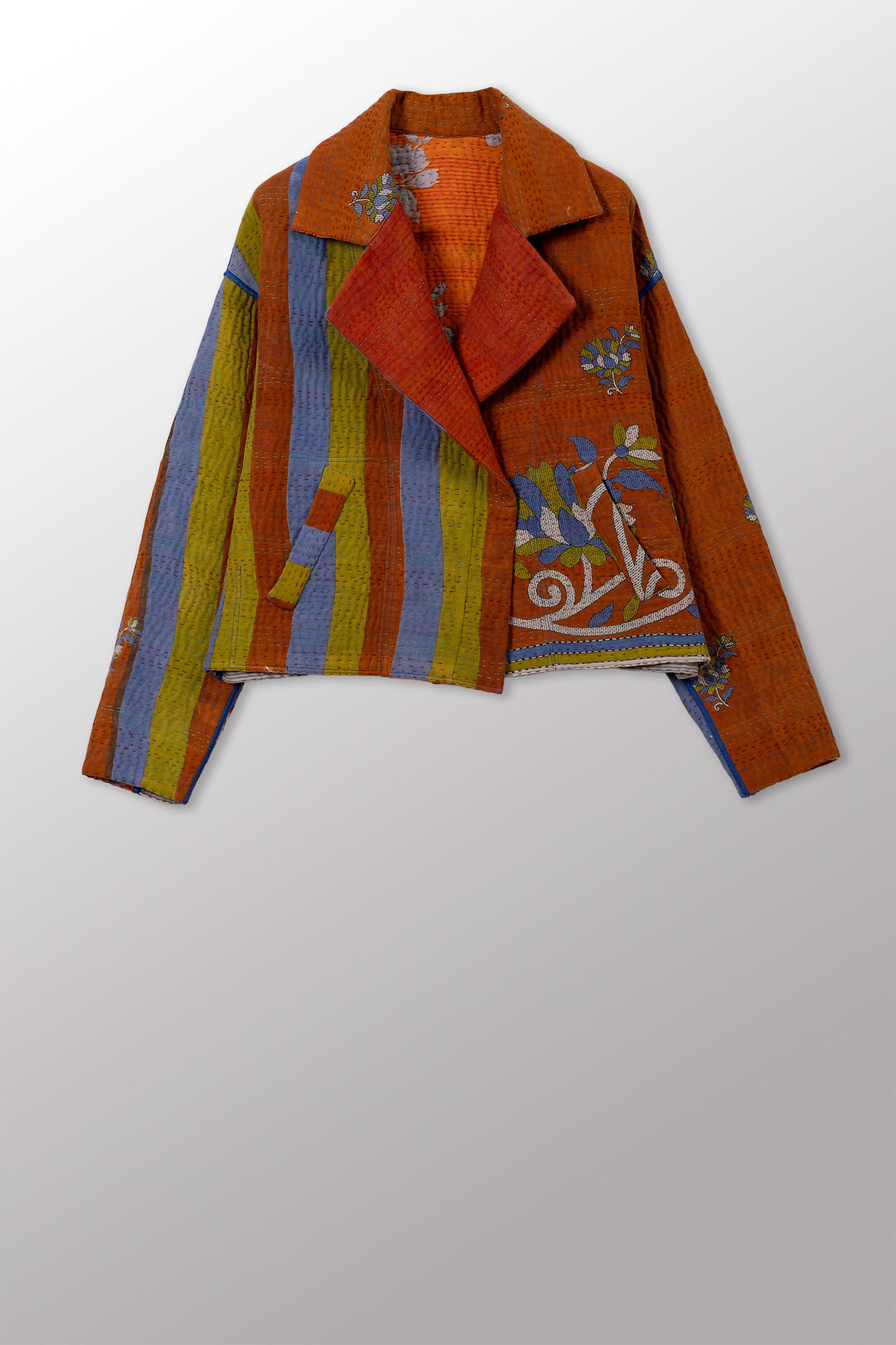 VINTAGE COTTON KANTHA NEW LAPELED SHORT JACKET - cv4j101-0001s -