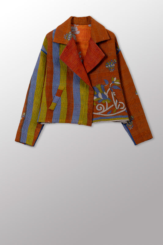 VINTAGE COTTON KANTHA NEW LAPELED SHORT JACKET - cv4j101-0001s -