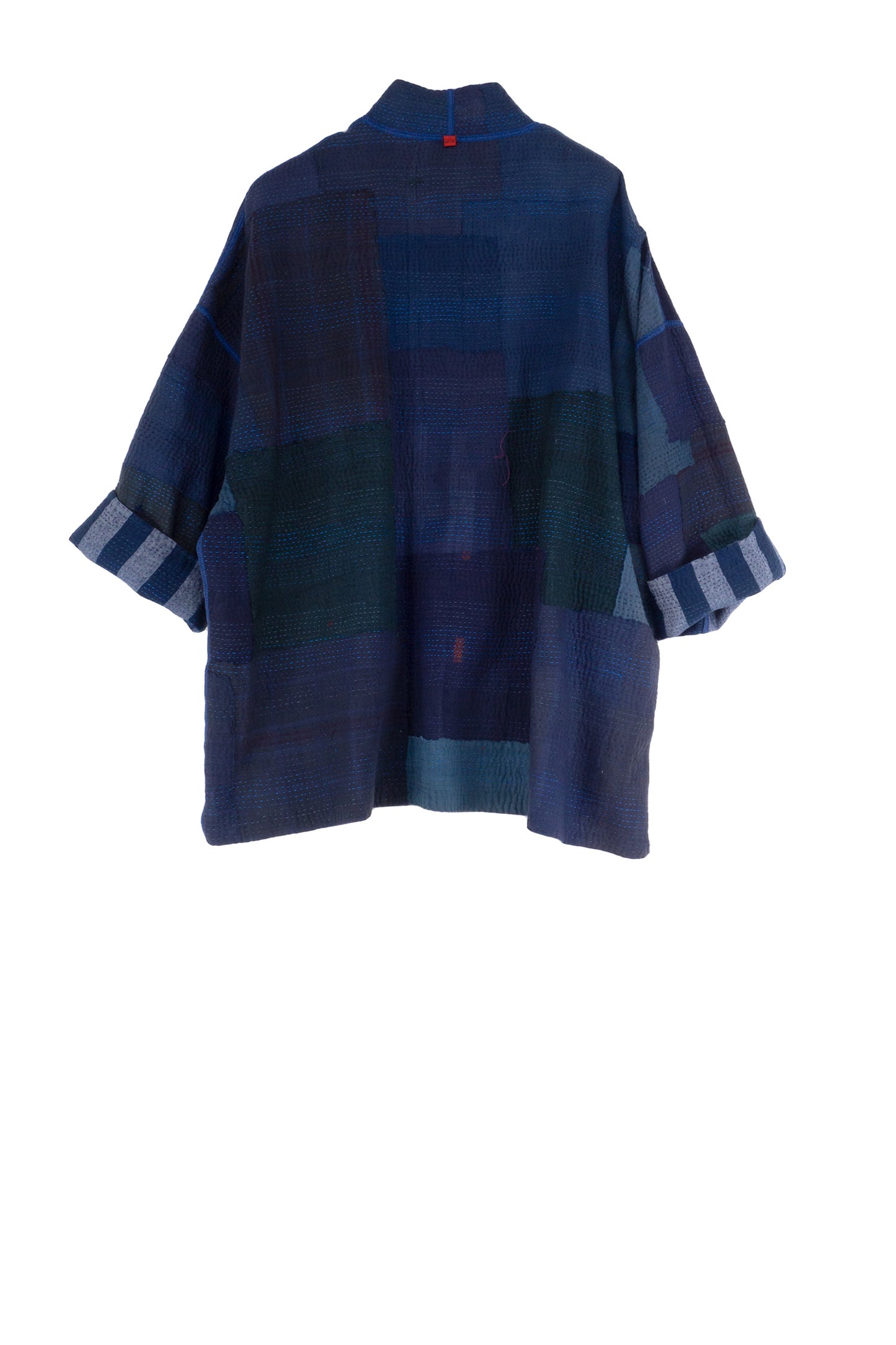WOVEN STRIPE FRAYED PATCH BACK KANTHA MINI KIMONO JKT - wp2055-nvy -