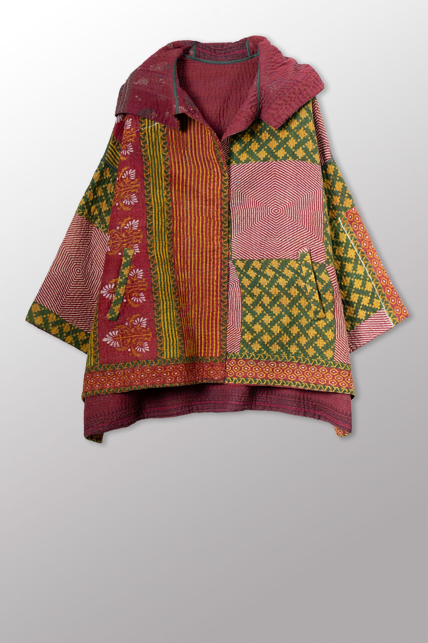 VINTAGE COTTON KANTHA HOODIE PONCHO - cv4064-0045a -
