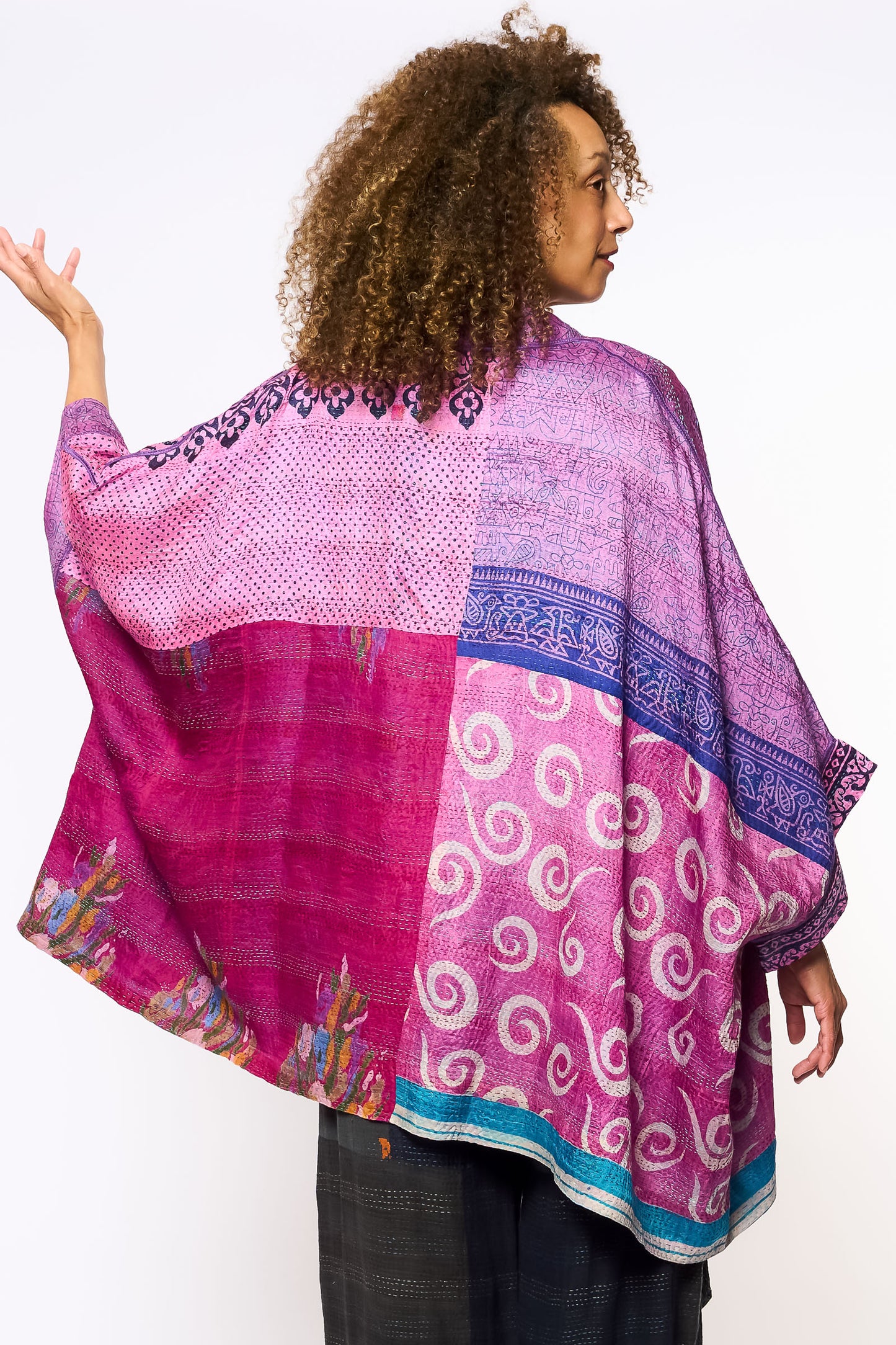 VINTAGE SILK KANTHA DOUBLE COLLAR PONCHO - sv2323-0022a -