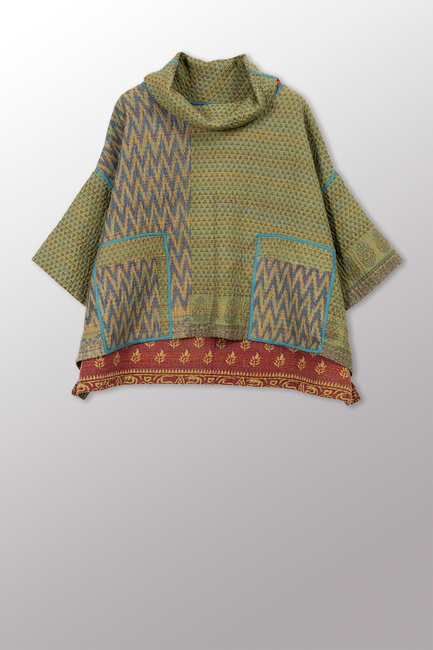 COTTON OVERDYE KANTHA COWL NECK PONCHO - ov4061-cgrn001a -
