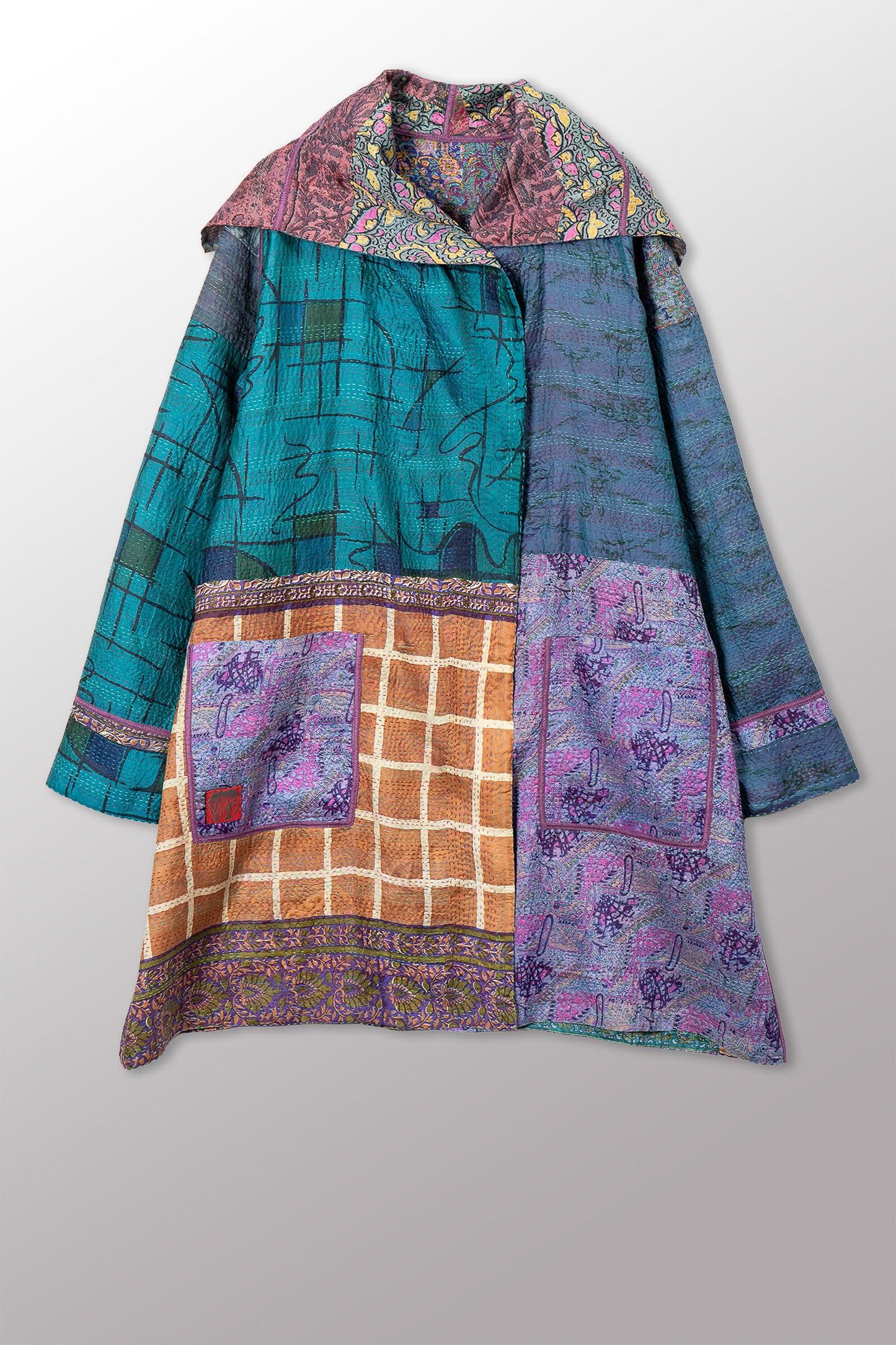 VINTAGE SILK KANTHA POCKET MEDIUM COAT - sv2316-0008m -