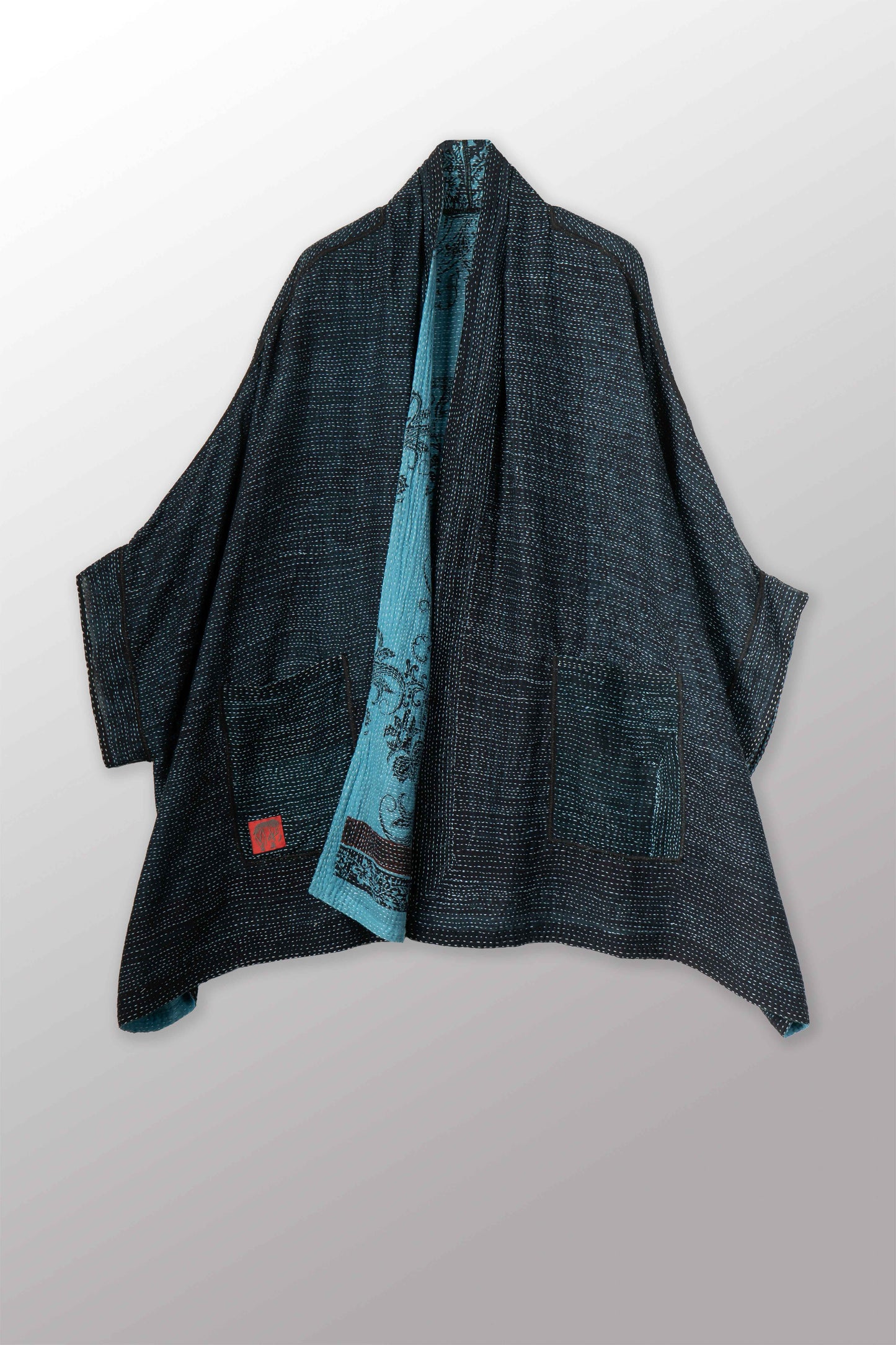 OVERDYED COTTON PAISLEY KANTHA DOUBLE COLLAR PONCHO - ov-cp2323-blu -
