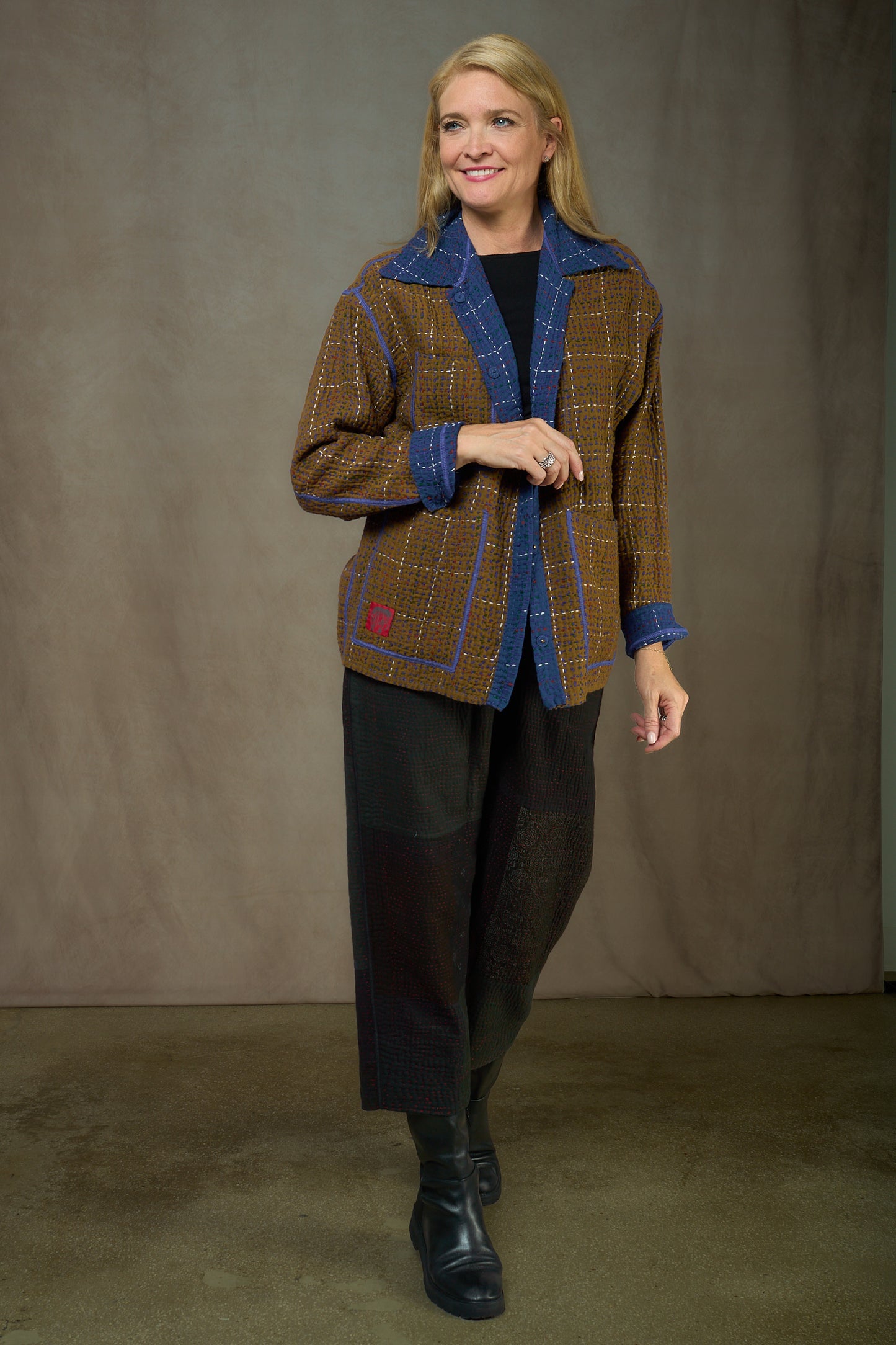 WOOL WAFFLE KANTHA WORKERS JACKET - ww3085-blu -