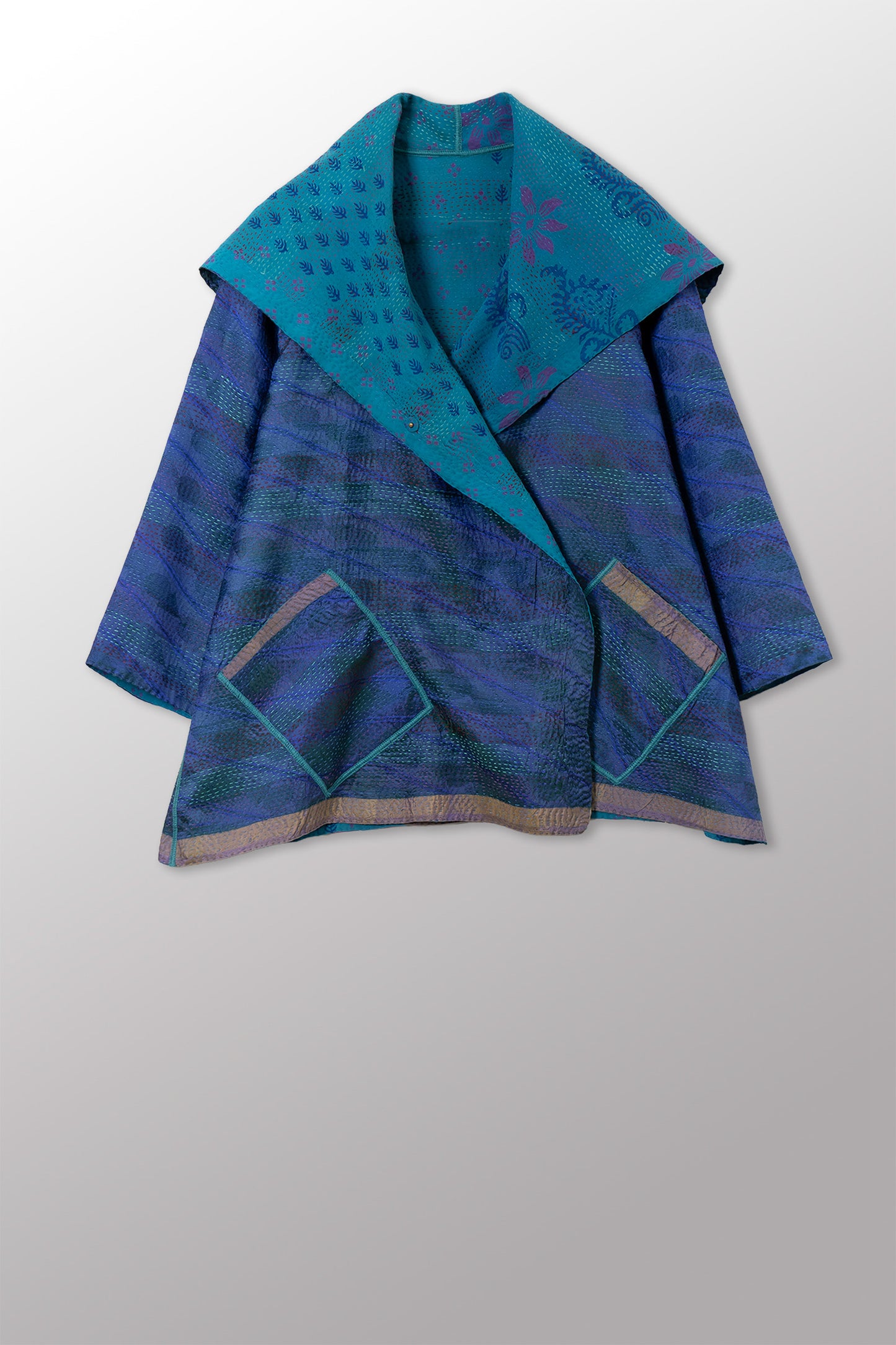 GEORGETTE JACQUARD VINTAGE SILK PATCH KANTHA FLARE JACKET - gj2010-0001a -