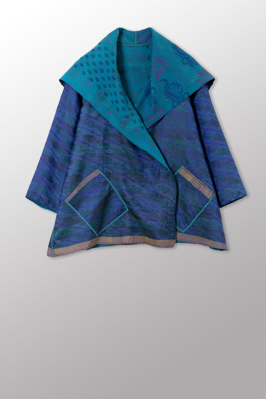 GEORGETTE JACQUARD VINTAGE SILK PATCH KANTHA FLARE JACKET - gj2010-0001a -