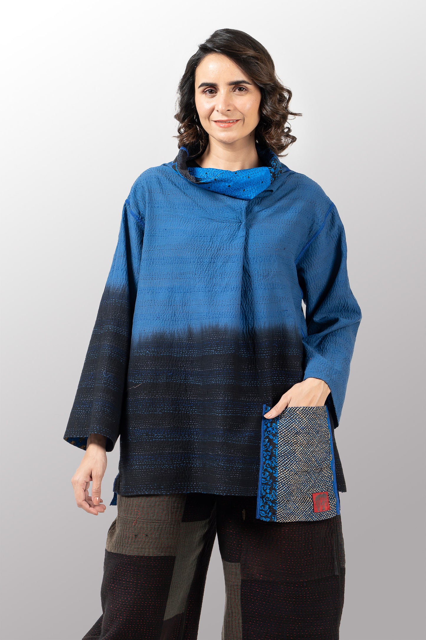 SILK COTTON OMBRE PRINT KANTHA STAND COLLAR TUNIC - os2509-blu -