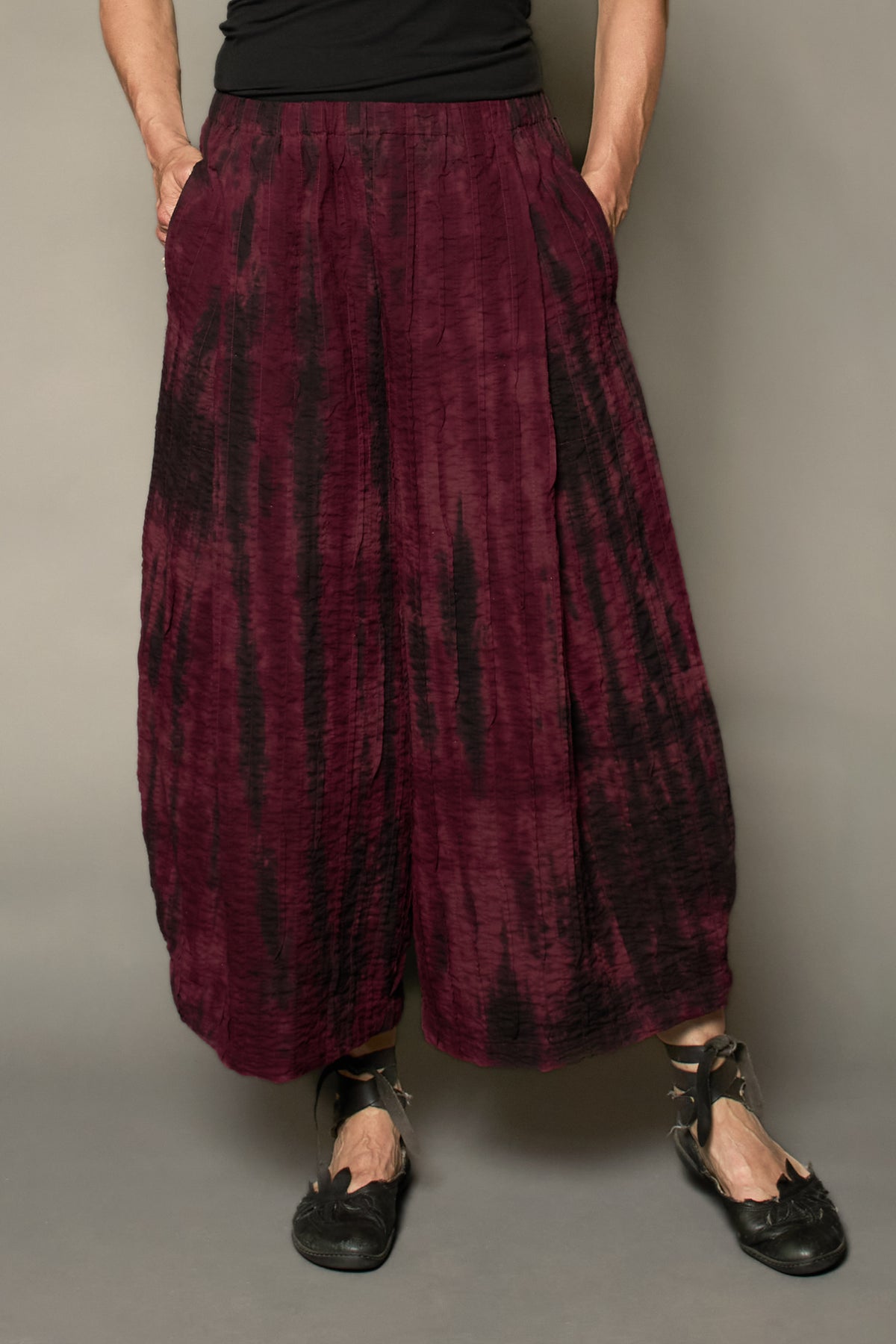 DOUBLE TIE DYE RIPPLE TUCK WIDE LEG LANTERN PANTS - trw1646-mrn -