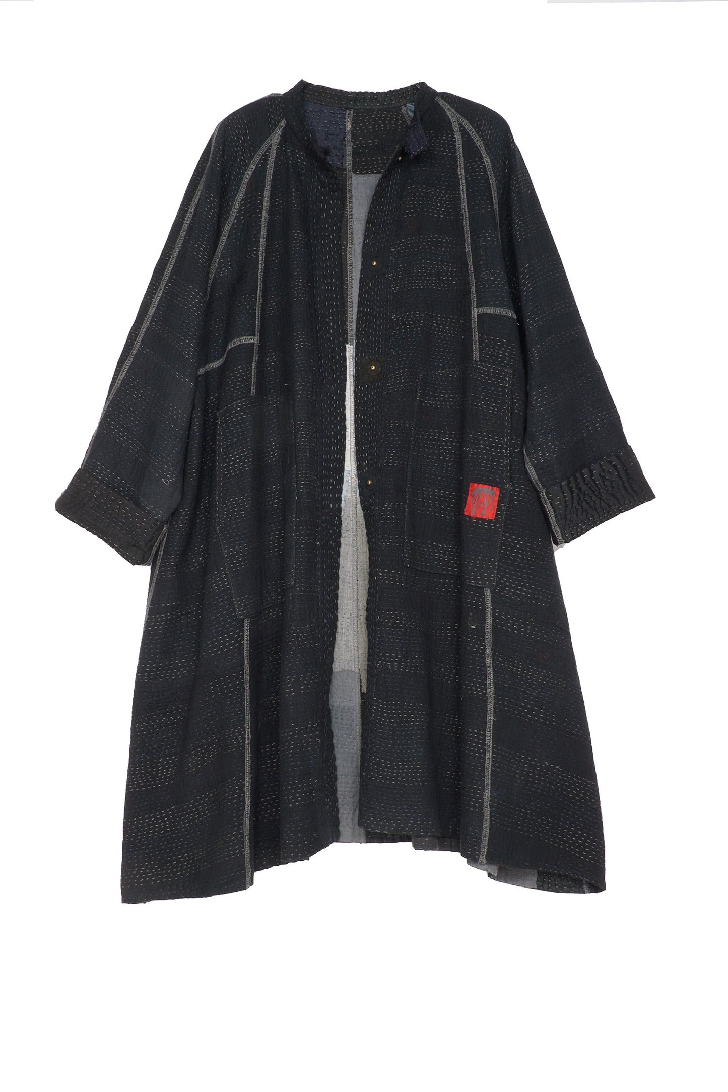 TWO TONE PATCH KANTHA BAND COLLAR DUSTER - tn4327-blk -