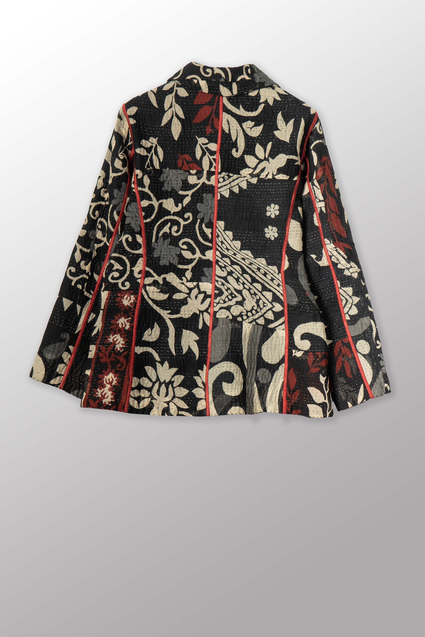 BLACK AND WHITE PRINT PATCH KANTHA BASIC JACKET - pn4052-red -