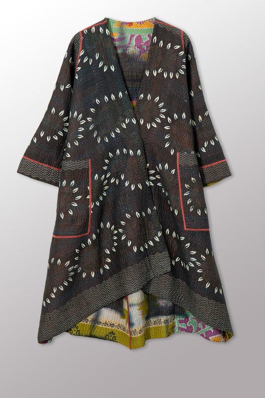 VINTAGE COTTON GREY CLAMP TIE DYE KANTHA WRAP FLARE COAT - su4330-0001a -