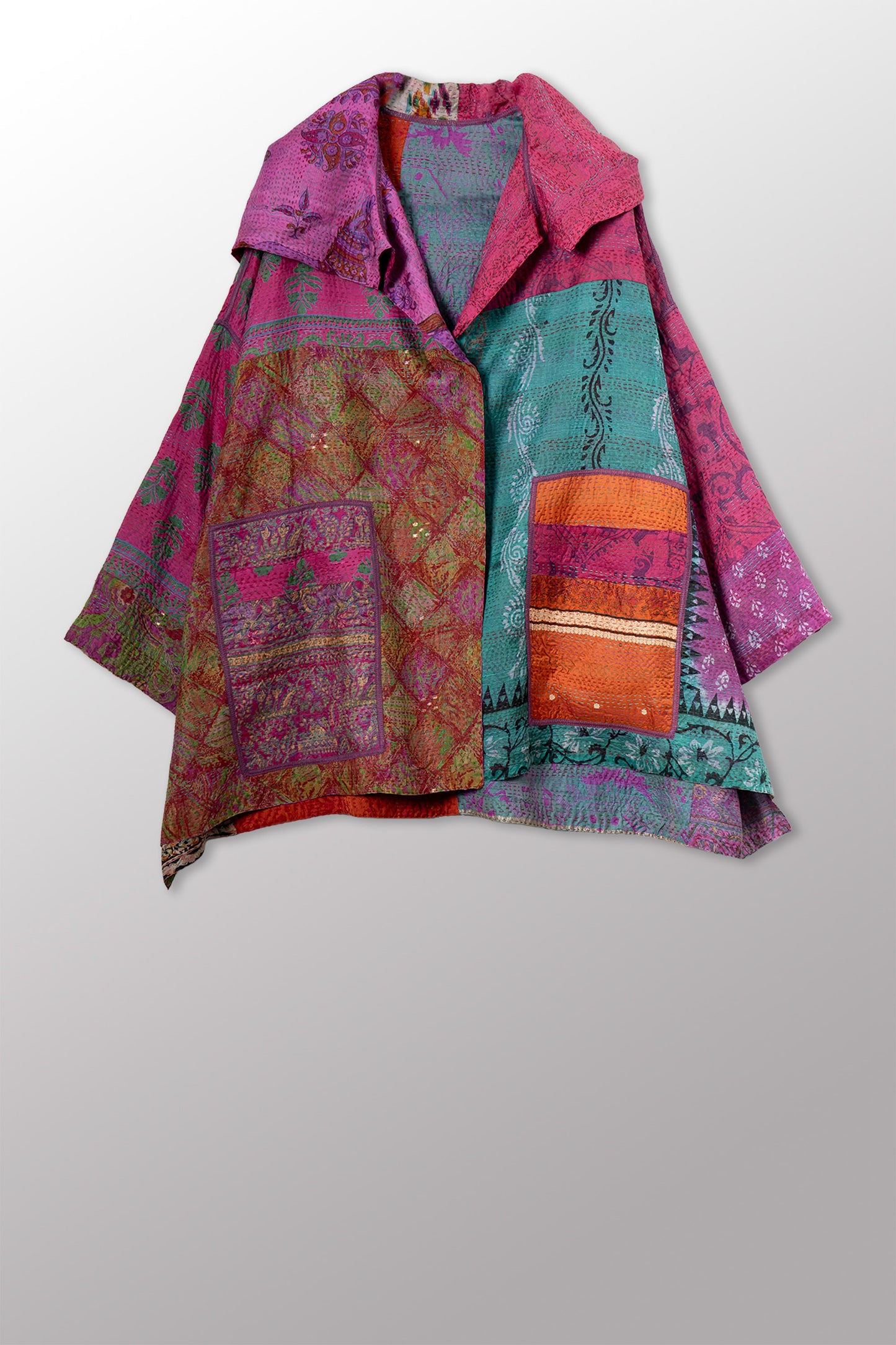 VINTAGE SILK KANTHA HOODIE PONCHO - sv2064-0003a -