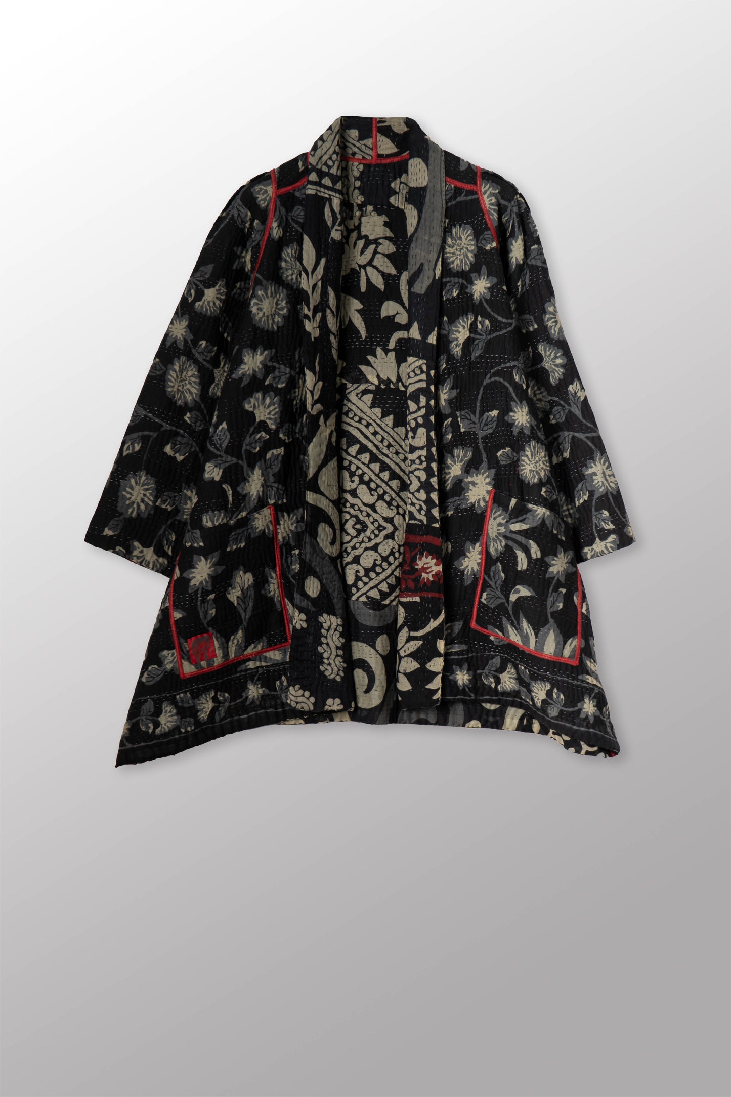 BLACK AND WHITE PRINT PATCH KANTHA A-LINE JACKET - pn4003-red -