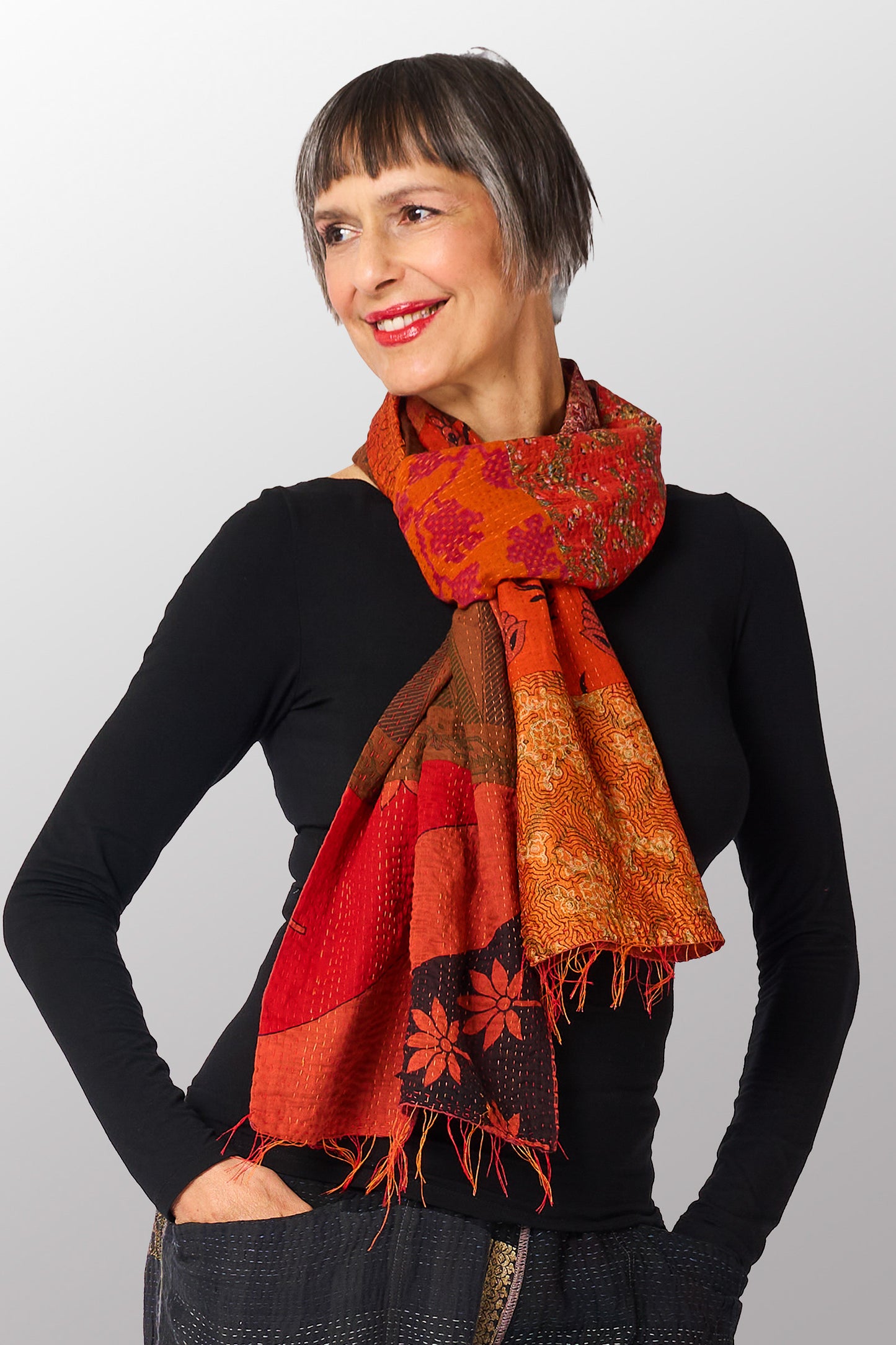 VINTAGE SILK COTTON KANTHA SCARF SMALL - sc2800-org -
