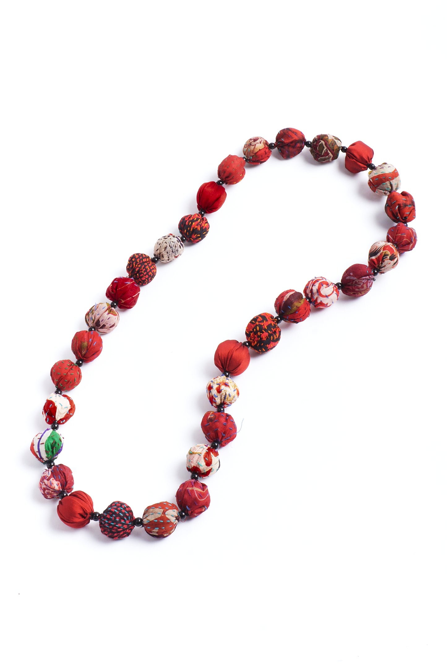 VINTAGE SILK KANTHA SMALL NUTS MEDIUM NECKLACE - sv2705-red -