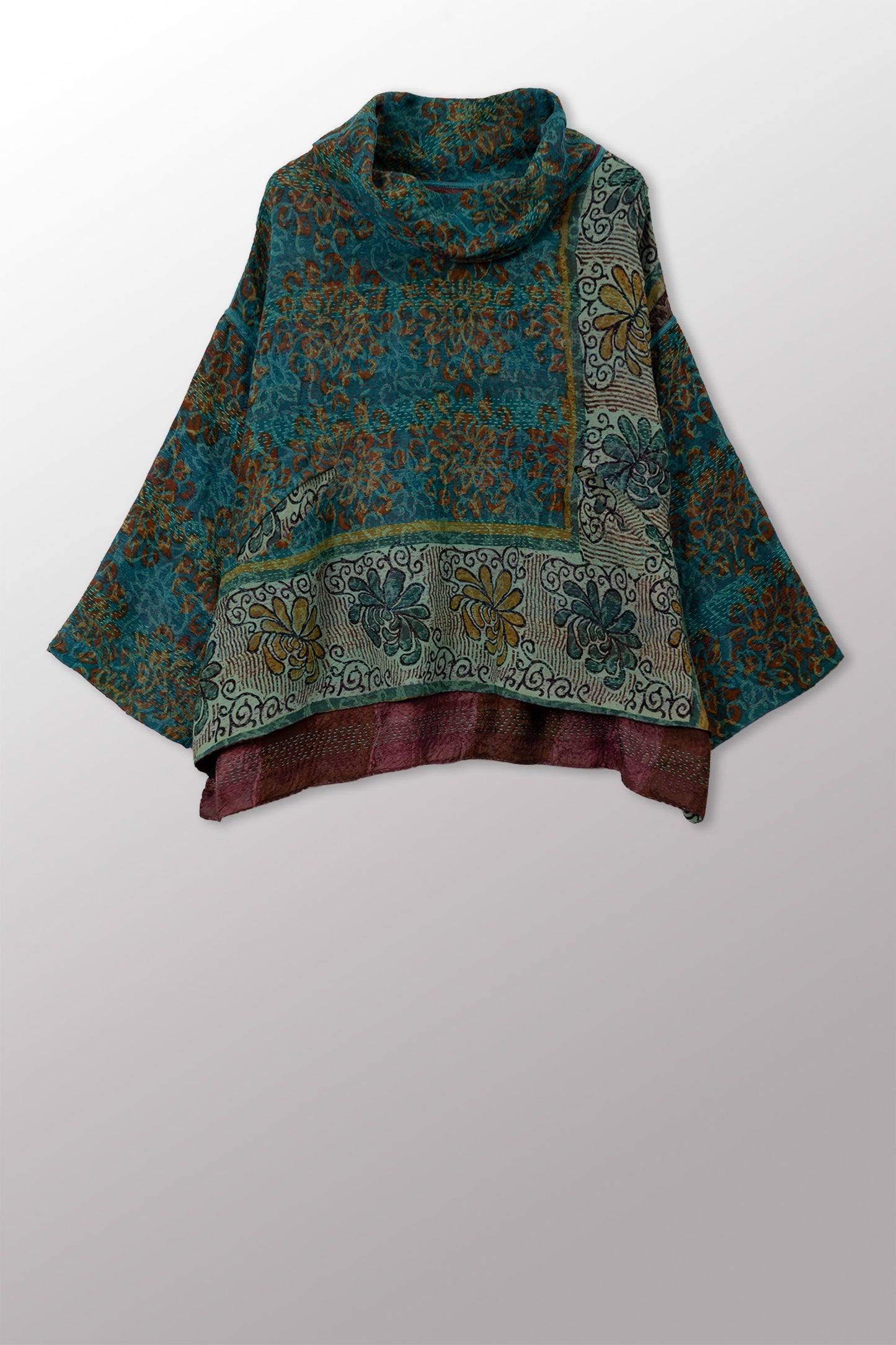 GEORGETTE JACQUARD VINTAGE SILK PATCH KANTHA COWL PULLOVER - gj2547-0001a -