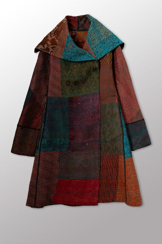 JACQUARD SILK KANTHA A-LINE COAT - js4309-cbrn002a -