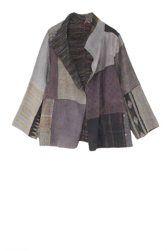 WOVEN IKAT & FRAYED PATCH KANTHA SHORT JKT - wk4007-gry -