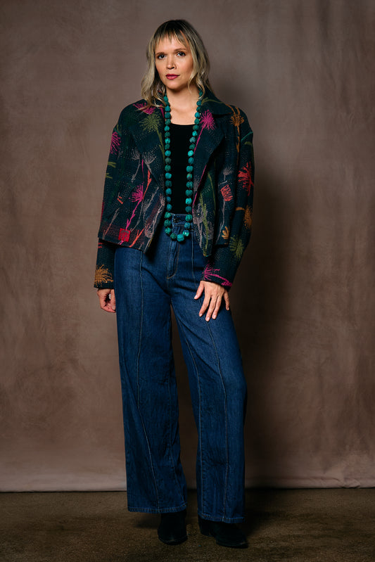 FLOWER PRINT WITH CHECKERED PATCH NEW LAPELED SHORT JACKET - fc4j101-blk -