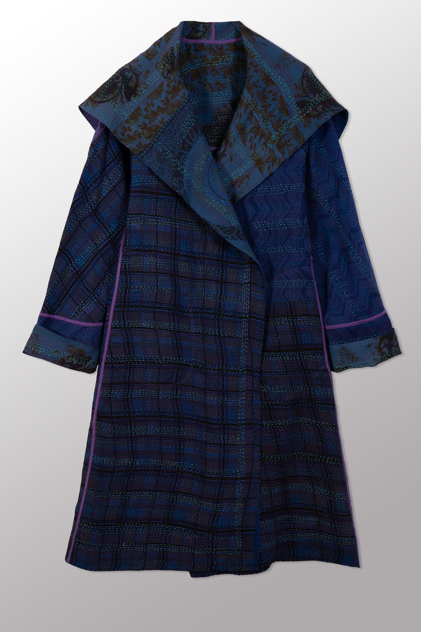 VINTAGE SILK GEORGETTE COTTON KANTHA A-LINE COAT - gc2309-0002a -