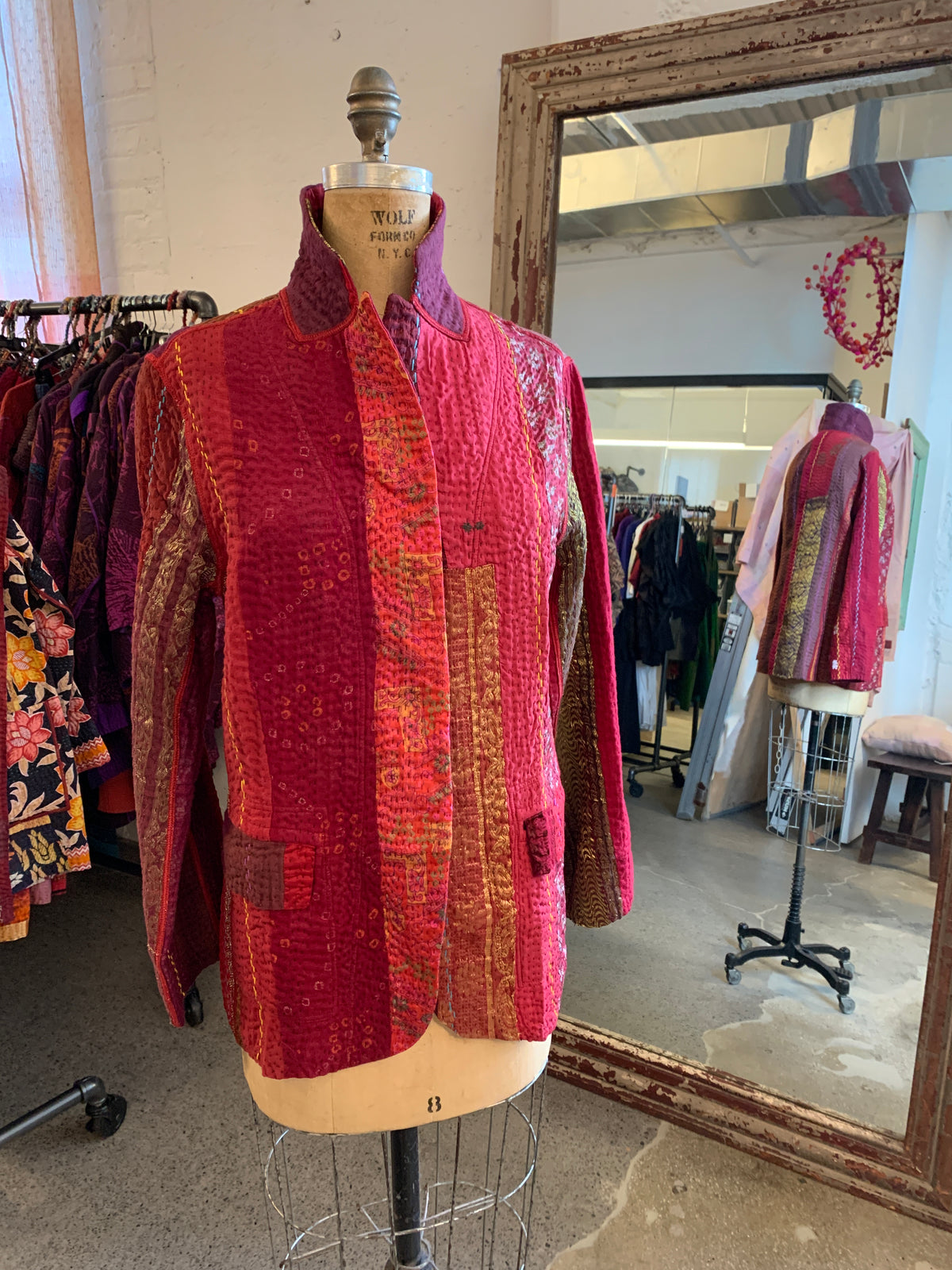 JEWEL WOVEN WITH VERTICAL PATCH KANTHA BASIC JACKET - jv4052-red -