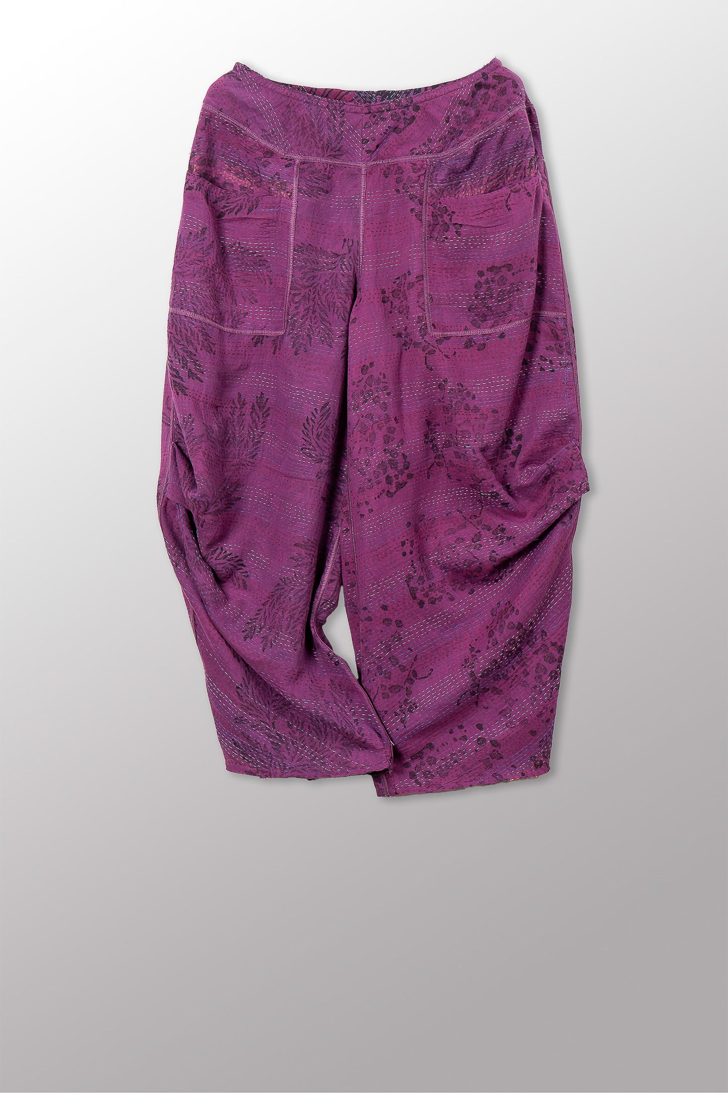 VINTAGE COTTON & NEW VOILE KANTHA KNEE TUCKED PANTS - cn2625-0001m -