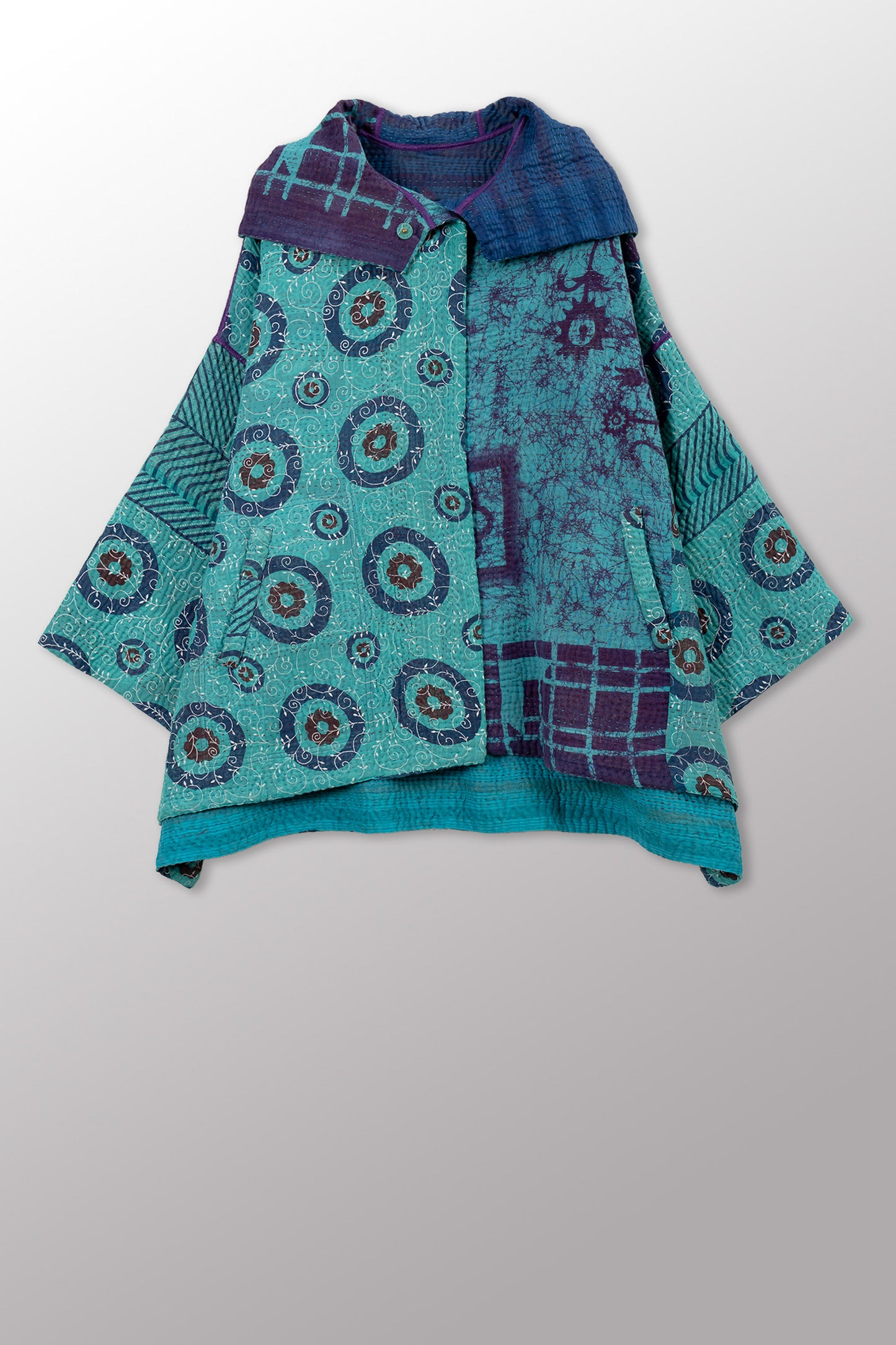 VINTAGE COTTON KANTHA HOODIE PONCHO - cv4064-0041a -