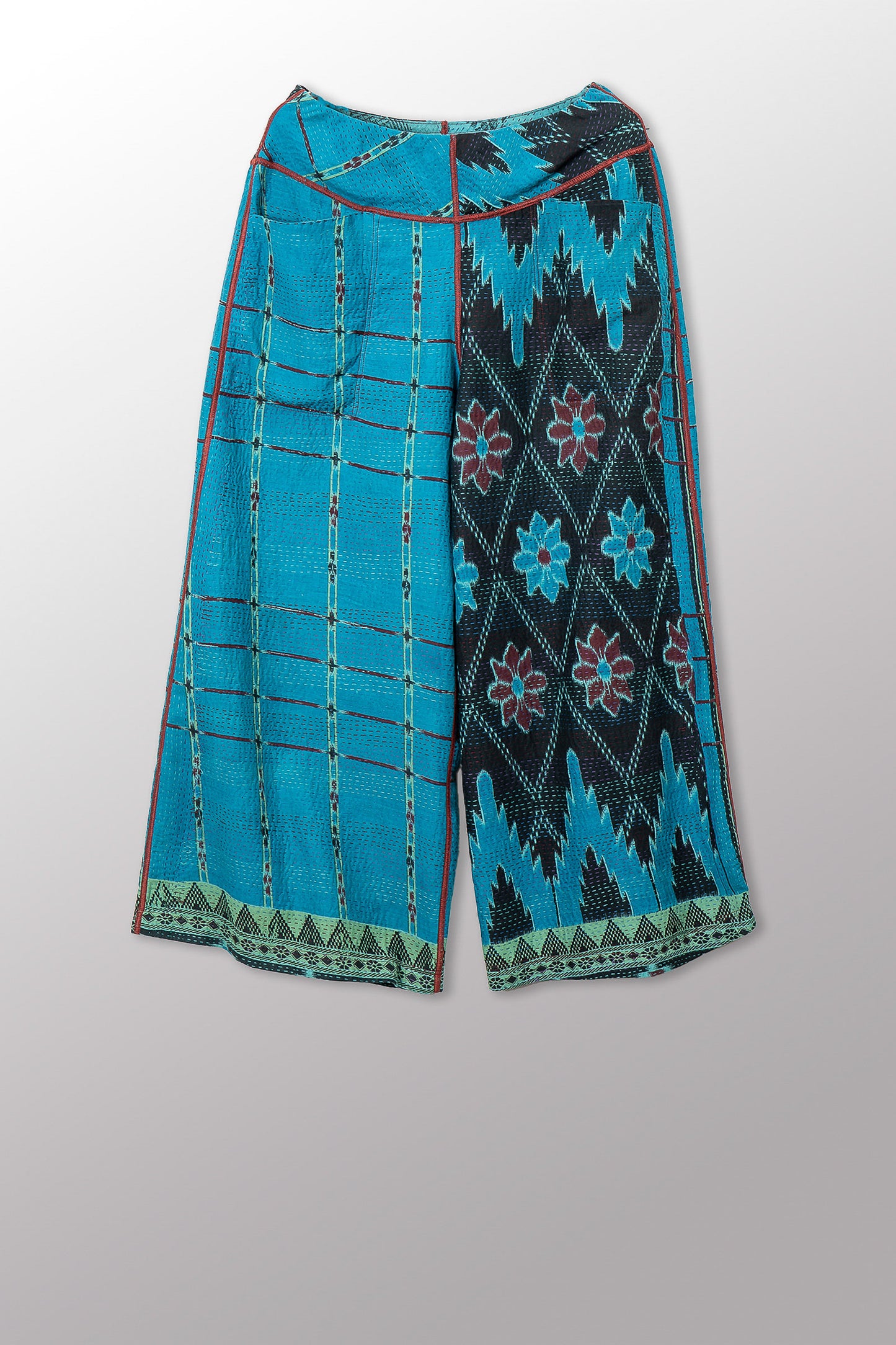 VINTAGE COTTON & NEW VOILE KANTHA MID RISE WIDE LEG PANTS - cn2665-0002s -