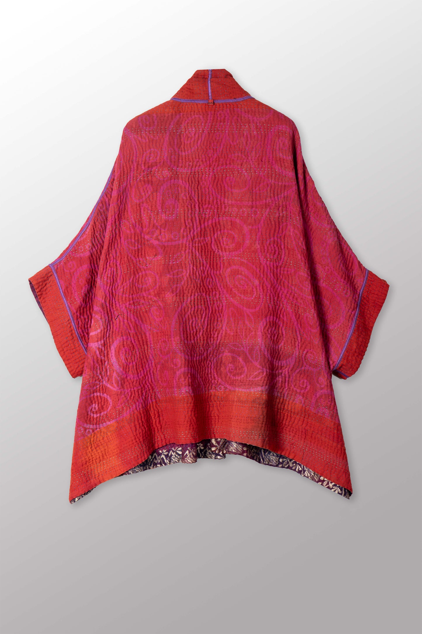 VINTAGE SILK GEORGETTE COTTON KANTHA DOUBLE COLLAR PONCHO - gc4323-0001a -