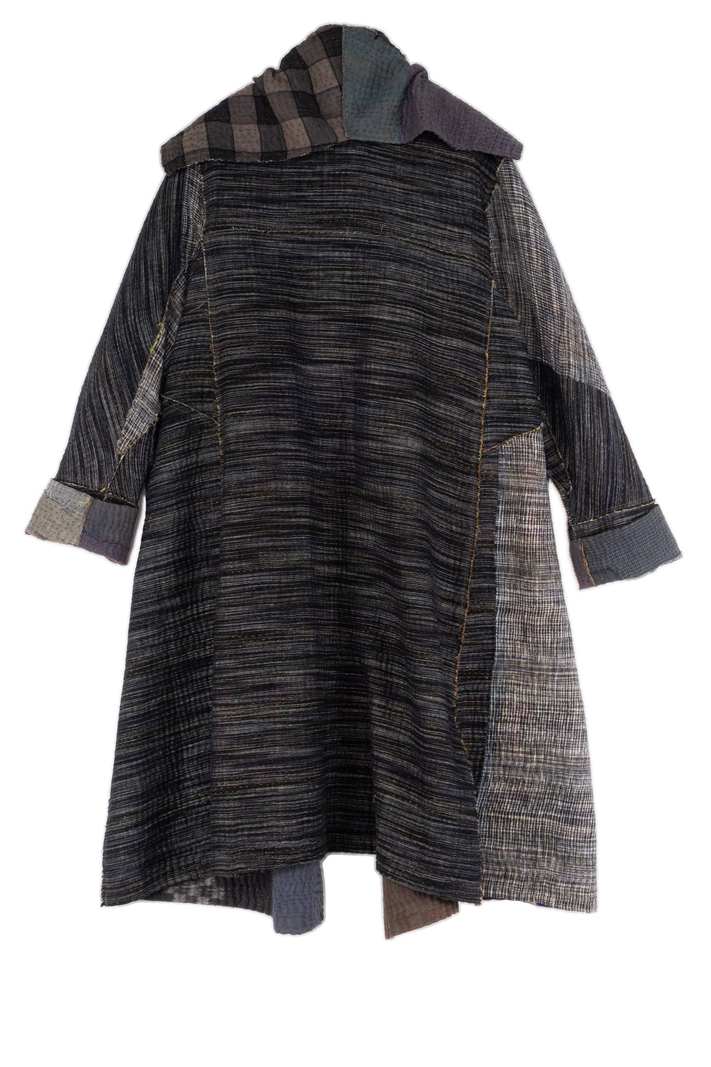 WOVEN IKAT & FRAYED PATCH KANTHA A-LINE COAT - wk4309-gry -