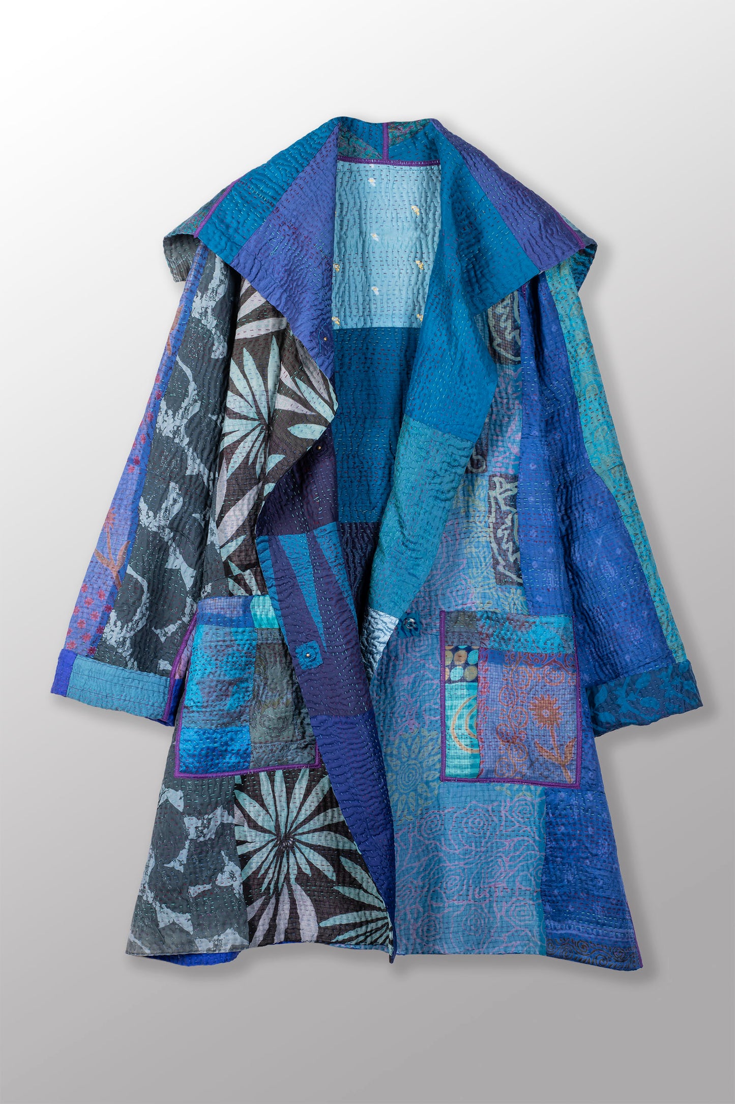 JACQUARD SILK KANTHA POCKET MEDIUM COAT - js4316-blu -
