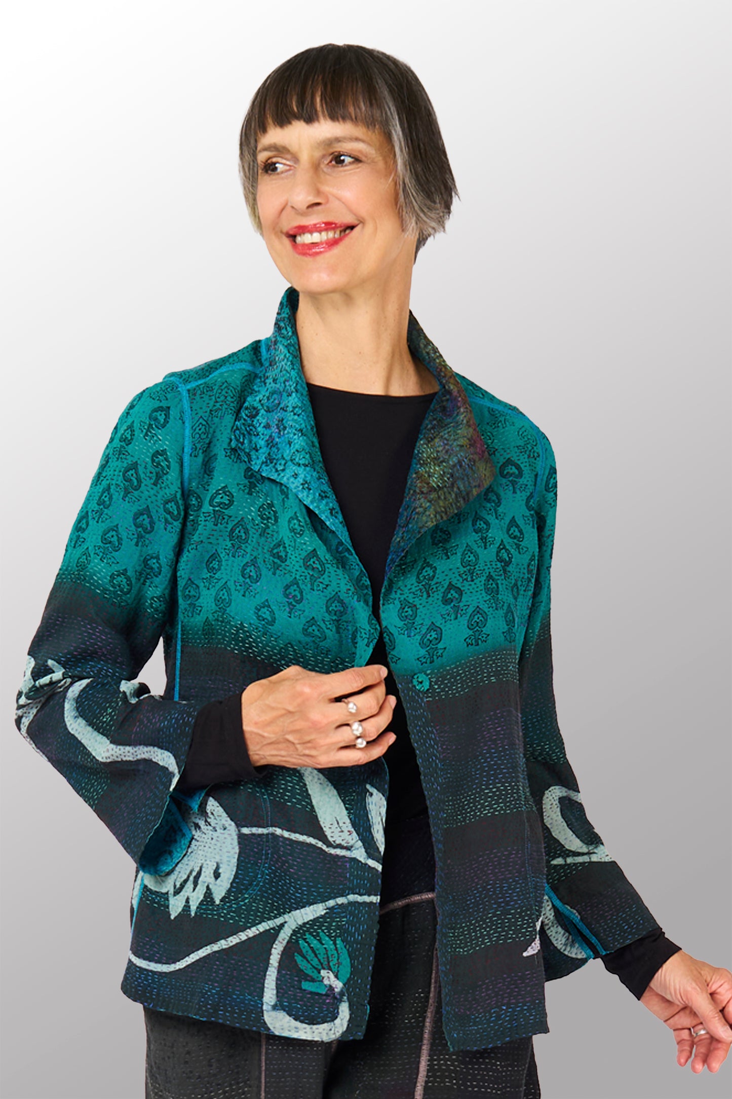 GEORGETTE JACQUARD VINTAGE SILK PATCH KANTHA SHORT JACKET - gj2007-0002m -
