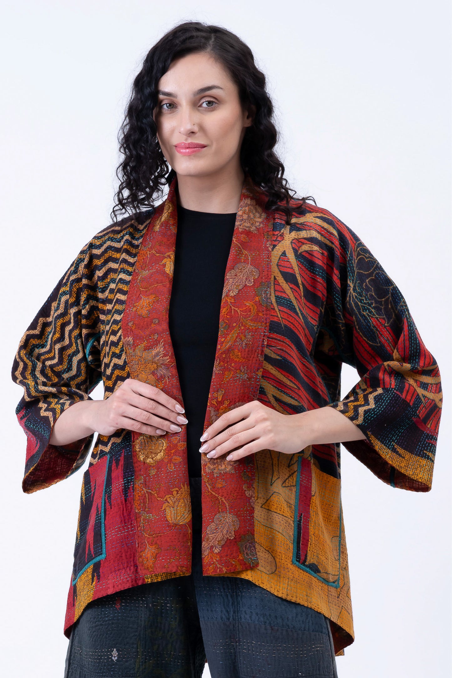 VINTAGE SILK GEORGETTE COTTON KANTHA KIMONO JKT - gc2004-0009a -