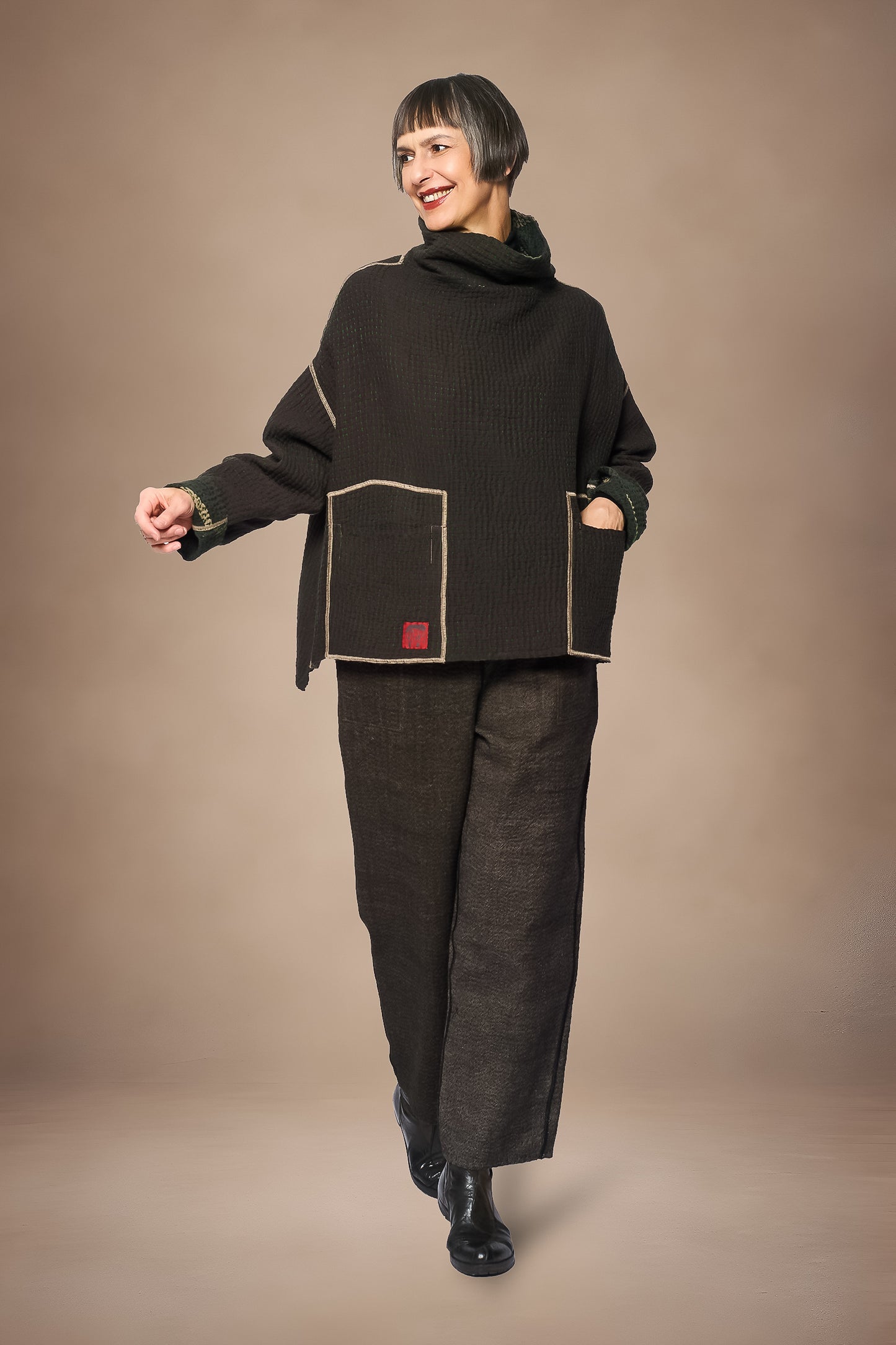 ABSTRACT WAFFLE KANTHA FUNNEL NECK PULLOVER - bw3t106-grn -