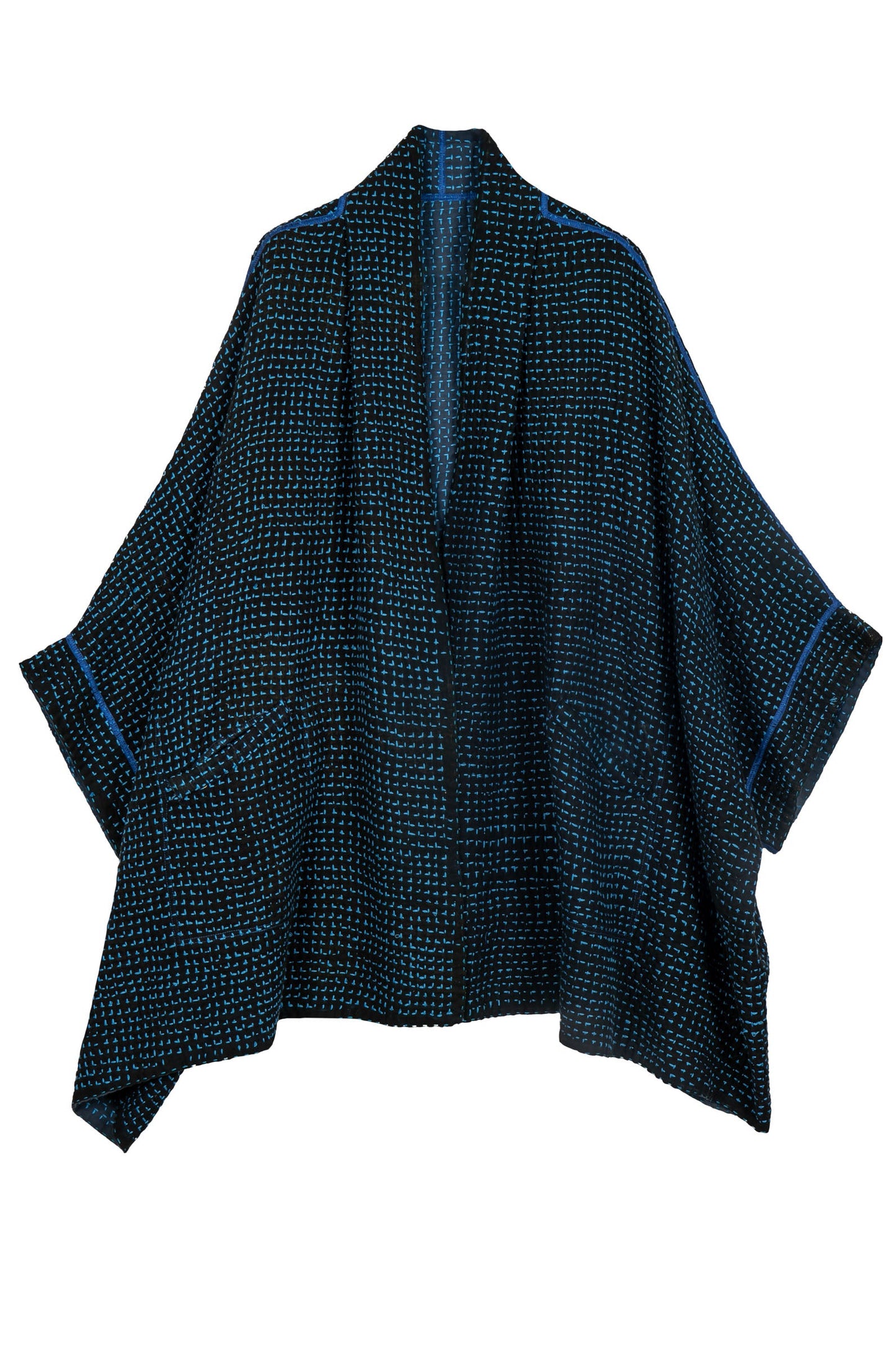 WAFFLE KANTHA DOUBLE COLLAR PONCHO - wf3323-blu -