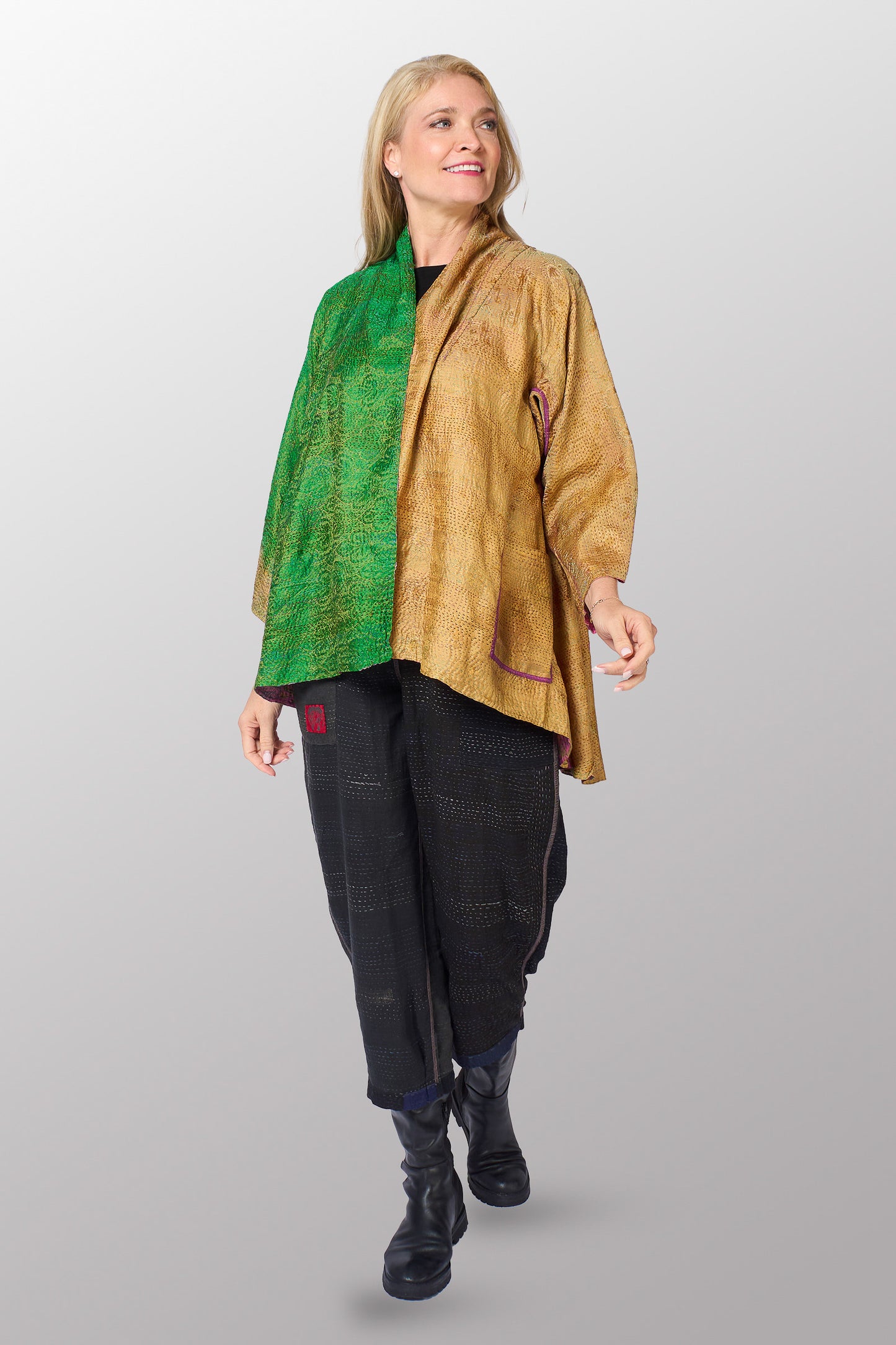 GEORGETTE JACQUARD VINTAGE SILK PATCH KANTHA KIMONO JACKET - gj2004-0002a -