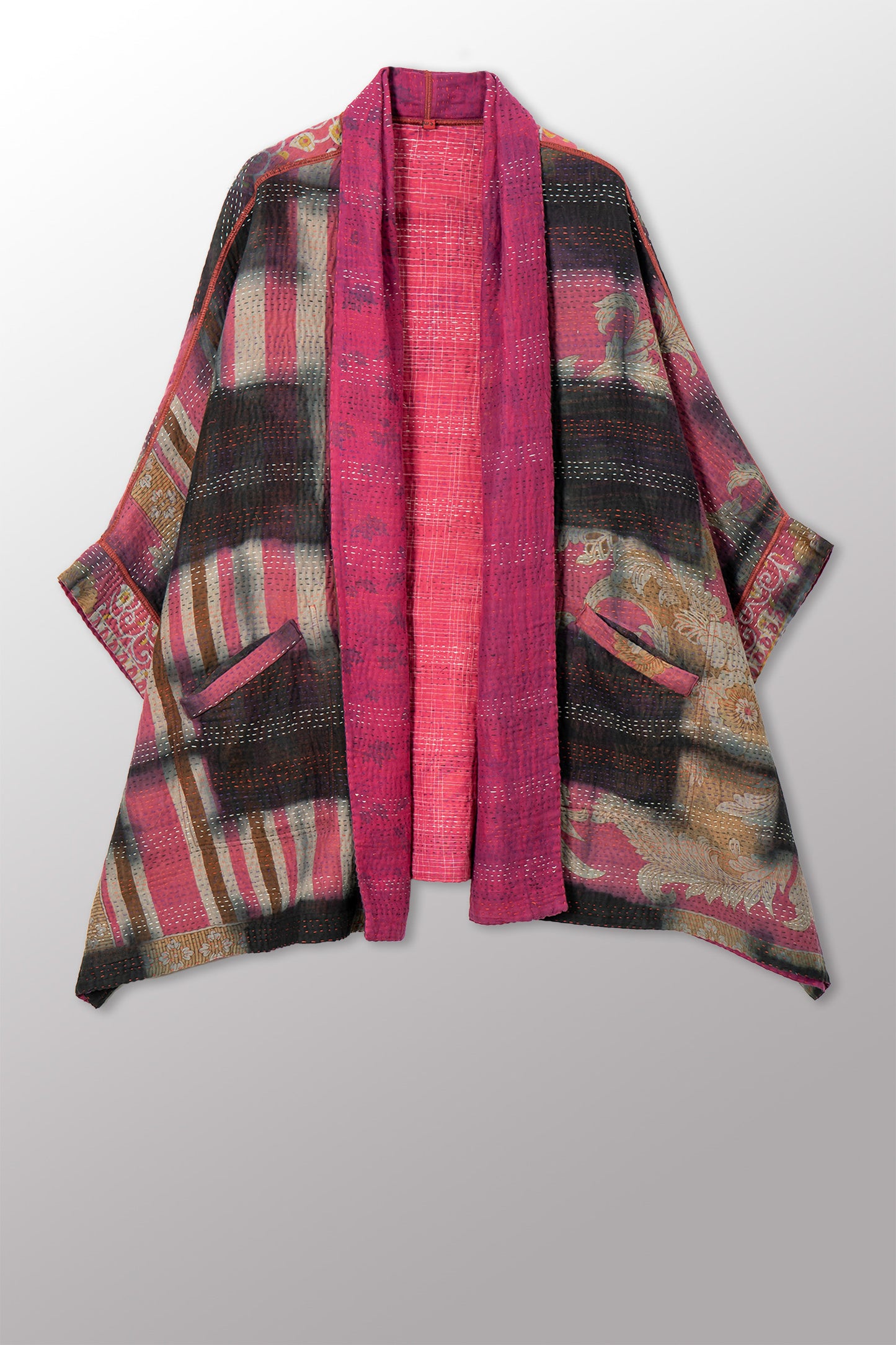 VINTAGE COTTON GREY CLAMP TIE DYE KANTHA DOUBLE COLLAR PONCHO - su4323-0002a -